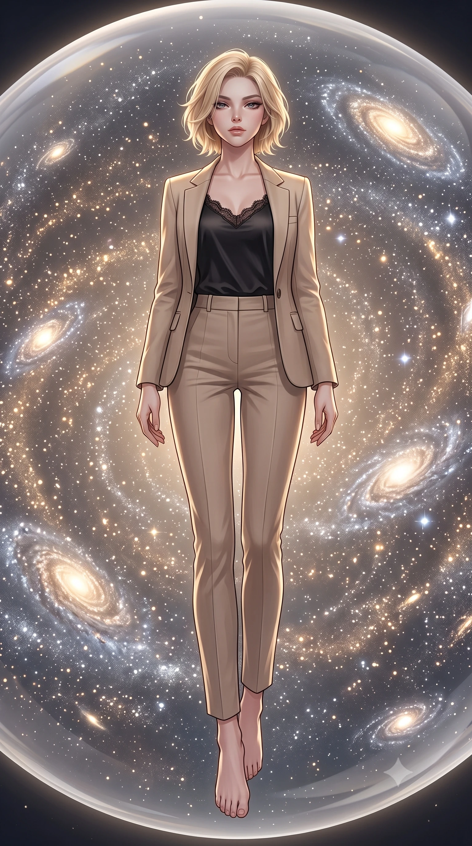 score_9, masterpiece, best quality, ultra-detailed, high-budget anime keyframe, editorial fashion photography, tasteful artistic composition, Caucasian woman, strictly human ears. low angle full-body shot from head to toe showing her feet, filling the entire 9:16 vertical frame with her statuesque presence, stretching her vertical silhouette. ascending with powerful grace through floating inside a giant transparent sphere where cosmic dust swirls like snow in slow-motion currents and miniature spiral galaxies spontaneously form and dissolve in the glittering cosmic medium. She has a statuesque 8.5-heads proportion, an exceptionally tall, slender and willowy model-like build with impossibly long legs and a highly sculpted ultra-slim waist. sharp v-shaped jawline, high-bridge nose, intricate jewel-like eyes with depth, thick eyelashes, glossy lips with a natural sheen. wearing a black fine lace-trimmed satin camisole layered under a structured beige blazer, paired with tailored pencil pants. soft omnidirectional glow from the cosmic dust particles themselves in warm gold and cool silver with miniature galaxy cores providing bright pinpoint accents. 2k, ultra detail, master piece, 9:16 ratio