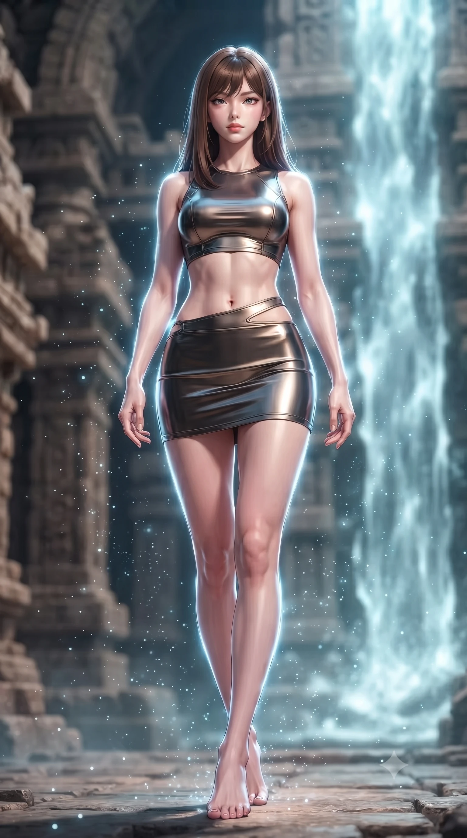 score_9, masterpiece, best quality, ultra-detailed, high-budget anime keyframe, editorial fashion photography, tasteful artistic composition, Korean woman. low angle full-body shot from head to toe showing her feet, filling the entire 9:16 vertical frame with her statuesque presence, stretching her vertical silhouette. stepping gracefully through floating stardust particles, her body-contouring suit showing her athletic, slender silhouette, the background shows a soft-focus ancient stone ruins built next to a cascade of glowing liquid energy. She has an absolutely perfect, statuesque 8.5-heads proportion, an exceptionally tall and slender model-like female figure with impossibly long slender legs and an ultra-slim waist. sharp v-shaped jawline, high-bridge nose, intricate jewel-like eyes with depth, thick eyelashes, glossy lips with a natural sheen. wearing a body-hugging modern carbon-alloy crop top paired with a low-rise tactical skirt and a subtle waist cut-out. cascades of glowing liquid plasma energy tracing a rim light on her form. ultra-reflective glossy finish, specular highlights, metallic sheen, high-contrast stereoscopic depth, volumetric dynamic lighting, 2k, ultra detail, master piece, 9:16 ratio