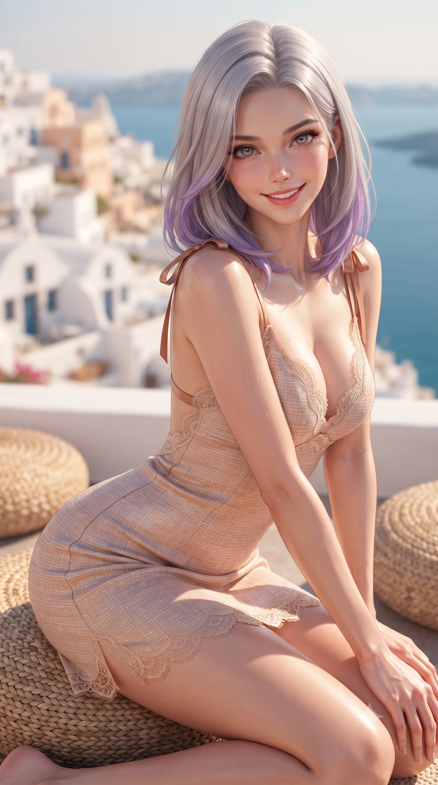 score_9, masterpiece, best quality, ultra-detailed, high-budget anime keyframe, editorial fashion photography, tasteful artistic composition, Caucasian woman. close-up cowboy shot from the waist and thighs up, the character dominates the composition, filling the frame with her large presence. leaning forward with playful sun-kissed grace while arching her lower back to accentuate her curvy hips, looking into the camera with a radiant teasing smile and alluring bedroom-eyes while twisting her slender torso in an alluring contrapposto stance amidst woven floor cushions, her tight resort dress clinging to her hourglass curves. The composition keeps background elements in soft focus with dreamy creamy bokeh. cascading sugar-cube Cycladic chapels and the deep turquoise Aegean sea blurred into vibrant peach, gold, and sapphire bokeh. She has an exceptionally elegant, slender, and willowy female figure with an ultra-slim waist, flat toned midriff, narrow ribcage, and sculpted feminine hips creating an alluring, slim hourglass silhouette without bulk. sharp v-shaped jawline, high-bridge nose, sparkling amber-hazel eyes with depth, long lush eyelashes, glossy sun-kissed lips with a warm coral glaze, radiant teasing smile with sensual sunlit bedroom-eyes, exuding effortless old-money elegance and intoxicating sun-drenched allure, flawlessly proportioned anatomical accuracy, strict slender model proportions, natural body alignment, perfectly sculpted long slender limbs, ultra-slim waistline, clean dynamic posture without body distortion. wearing a strappy silk crepe slip dress with delicate lace scallop edging along the plunging neckline and hem in Mediterranean terracotta and warm oatmeal beige, tailored from soft pastel resort tweed with subtle gold thread shimmer, finished with cute satin bow ribbons tying at the shoulders, the precision-cut side openings and low-back scoop framing her graceful spine and the sensual sweep of her slim, sun-kissed hips. illuminated by luminous white wall bounce fill and sharp orange-gold rim lights defining her slim torso, narrow waist, and curvy hips. ultra-reflective glossy finish, specular highlights, rich textural contrasts, high-contrast stereoscopic depth, volumetric dynamic lighting, 2k, ultra detail, master piece, 9:16 ratio