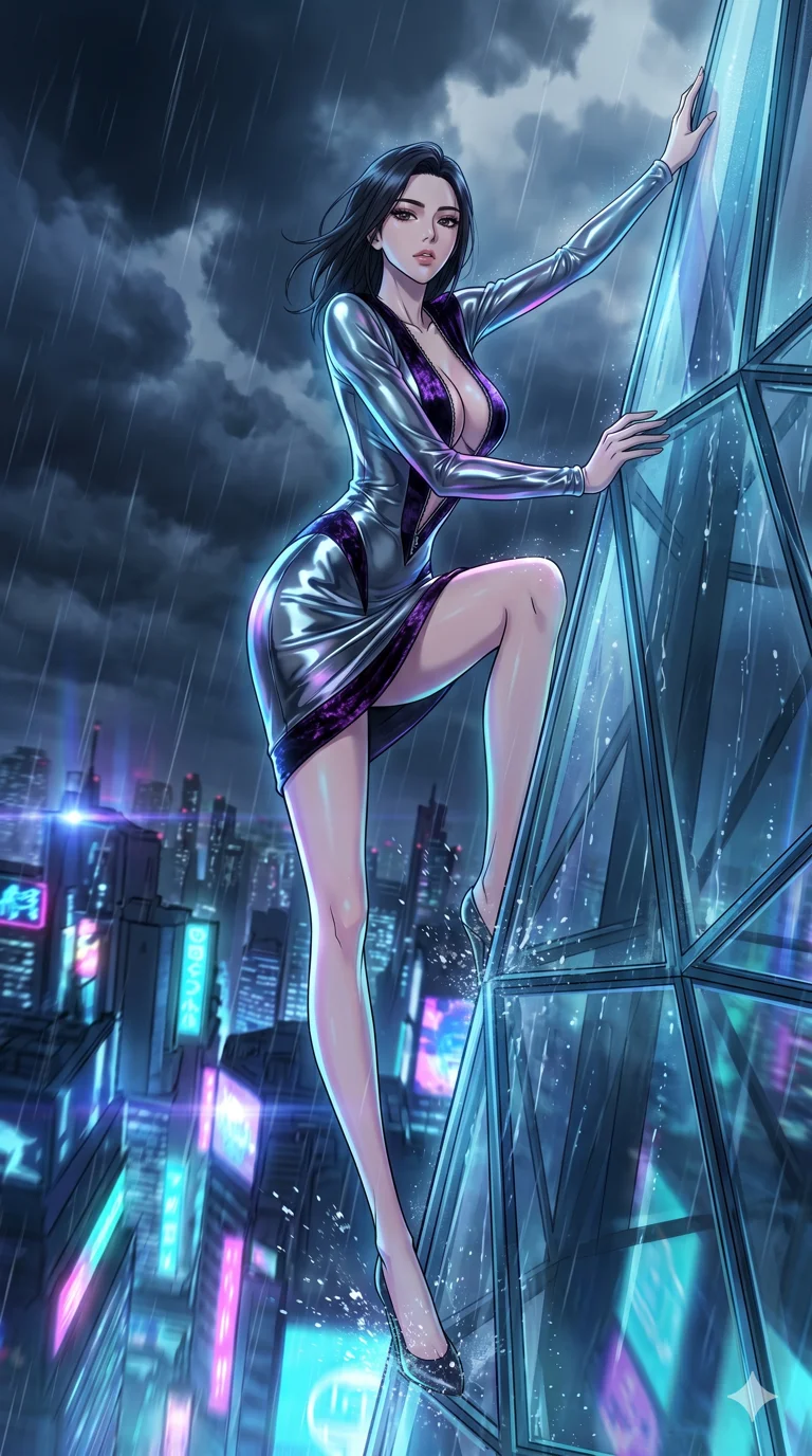 score_9, masterpiece, best quality, ultra-detailed, High-budget Anime Keyframe, vibrant colors, fluid line-art, expressive lighting, cinematic composition, Ufotable-style visual effects, top-tier animation quality, Korean woman with idol-like refined features. Wide-angle low shot emphasizing her impossibly long slender legs and commanding stature. Climbing a crystalline spire of glass in a futuristic ruin, the clouds passing below her as she reaches for the summit. She has an absolutely perfect 8-heads proportion, an exceptionally tall and slender female figure with impossibly long slender legs and an ultra-slim waist, her statuesque height and towering silhouette dominating the vertical 9:16 frame. Her face is a masterpiece featuring a sharp v-shaped jawline, high-bridge nose, intricate jewel-like eyes with depth, thick eyelashes, and glossy lips with a natural sheen. She is wearing a Liquid mercury fabric dress that clings perfectly to her every curve with a deep plunging neckline crafted from Crushed dark velvet with a deep, rich texture that absorbs light and glows at the edges, unzipped deeply to reveal a daring glimpse of her chest and a high-cut leg line. The scene is set in a sprawling cyberpunk metropolis in heavy rain with vibrant neon glows reflecting on every surface, illuminated by soft bioluminescent glow from the environment casting ethereal colors on her skin. 2k, ultra detail, master piece, 9:16 ratio
