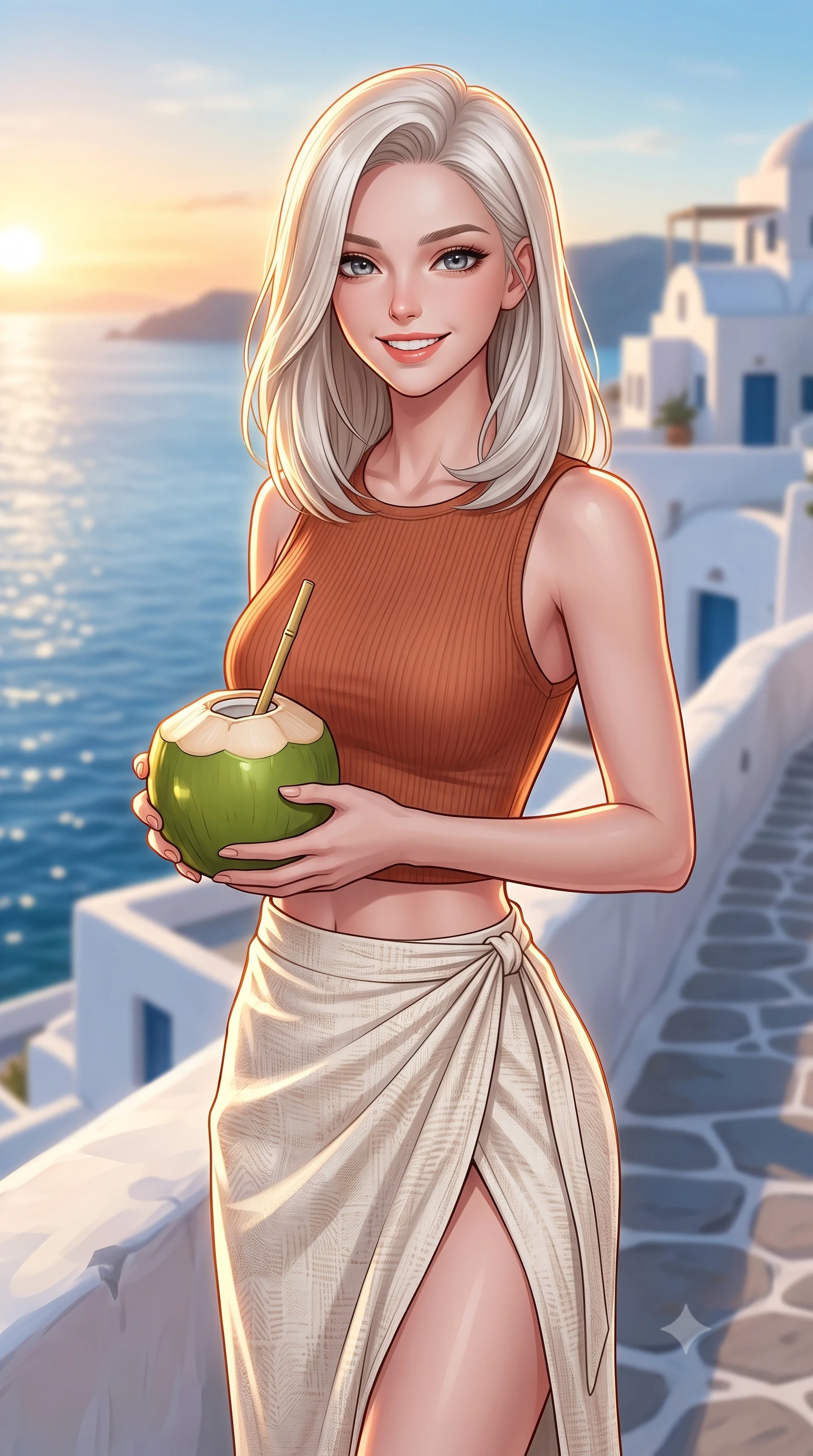 score_9, masterpiece, best quality, ultra-detailed, high-budget anime keyframe, editorial fashion photography, tasteful artistic composition, Caucasian woman. close-up cowboy shot from the waist and thighs up, the character dominates the composition, filling the frame with her large presence, background elements kept in soft focus. smiling with cute and bright self-assurance, looking directly at the viewer set against a soft-focus background of on a white stone terrace of a Mediterranean-style resort overlooking the sea holding a fresh coconut with a straw, smiling happily at the camera. She has an exceptionally elegant, slender, and willowy female figure with an ultra-slim waist, a gracefully sculpted slender torso, and a refined silhouette. sharp v-shaped jawline, high-bridge nose, intricate jewel-like eyes with depth, thick eyelashes, glossy lips with a natural sheen. wearing form-contouring stylish crop top paired with a high-slit linen wrap skirt. bright golden hour sunset tracing her silhouette with a warm glowing rim light. highly saturated vibrant anime colors, detailed shading with soft gradients, rich glossy textures, high-contrast stereoscopic depth, volumetric dynamic lighting, master piece, 9:16 ratio