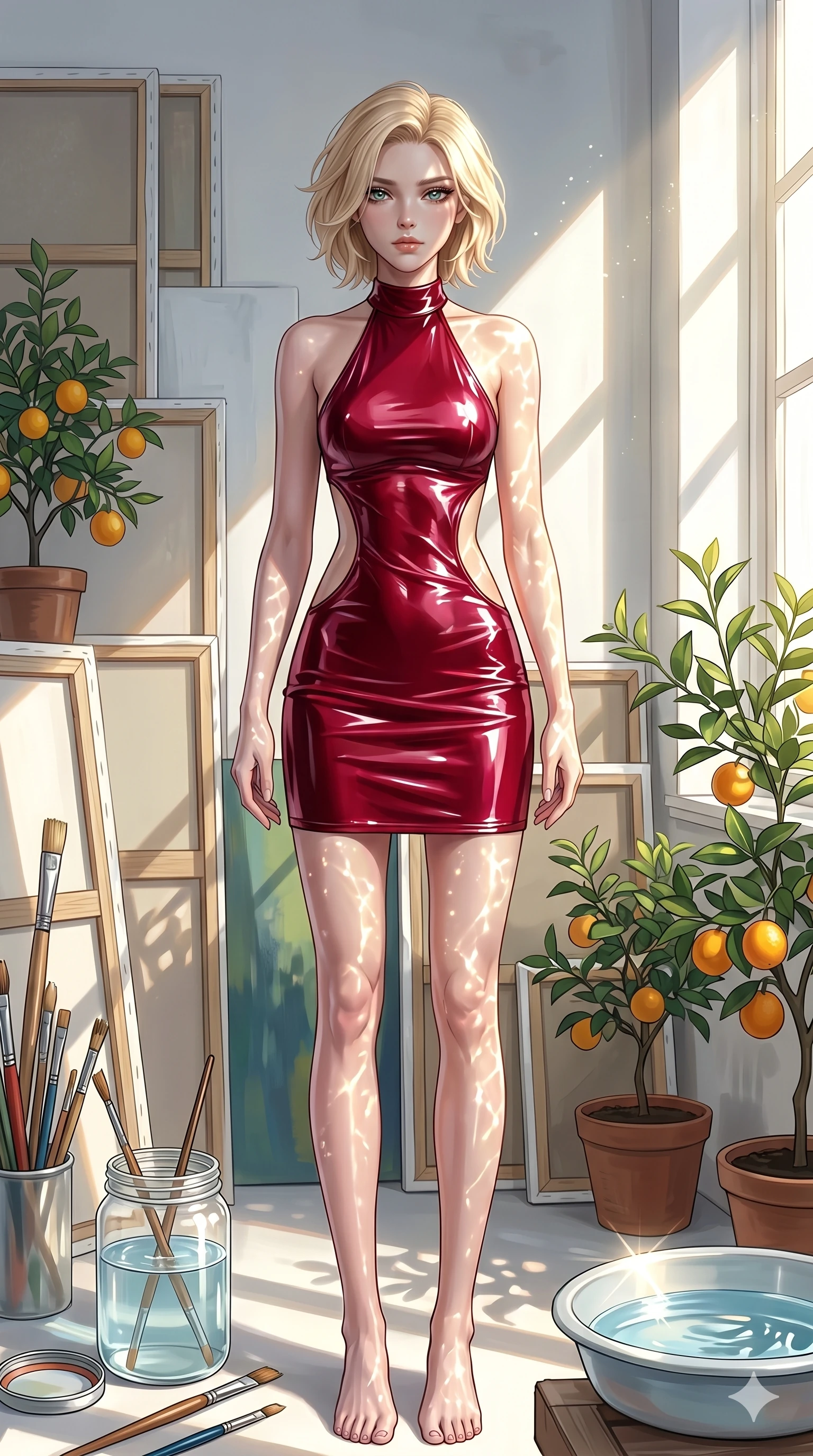 score_9, masterpiece, best quality, ultra-detailed, high-budget anime keyframe, editorial fashion photography, tasteful artistic composition, Caucasian woman, strictly human ears. cowboy shot from the thighs up, character and outfit filling the frame for maximum editorial presence. gazing past the camera with wistful, melancholic eyes, her posture relaxed and full of quiet elegance in a quiet sun-washed art atelier filled with canvases and potted citrus plants (Code-P145). She has an absolutely perfect 8-heads proportion, an exceptionally tall and slender female figure with impossibly long slender legs and an ultra-slim waist. V-shaped jawline, high-bridge nose, intricate jewel-like eyes with depth, thick eyelashes, glossy lips with a natural sheen. wearing a glove-like wet-look crimson vinyl dress with a bold halter neck and dramatic side cutouts. bathed in brilliant morning sunshine reflecting off the water, casting glittering light patterns across her skin. 2k, ultra detail, master piece, 9:16 ratio