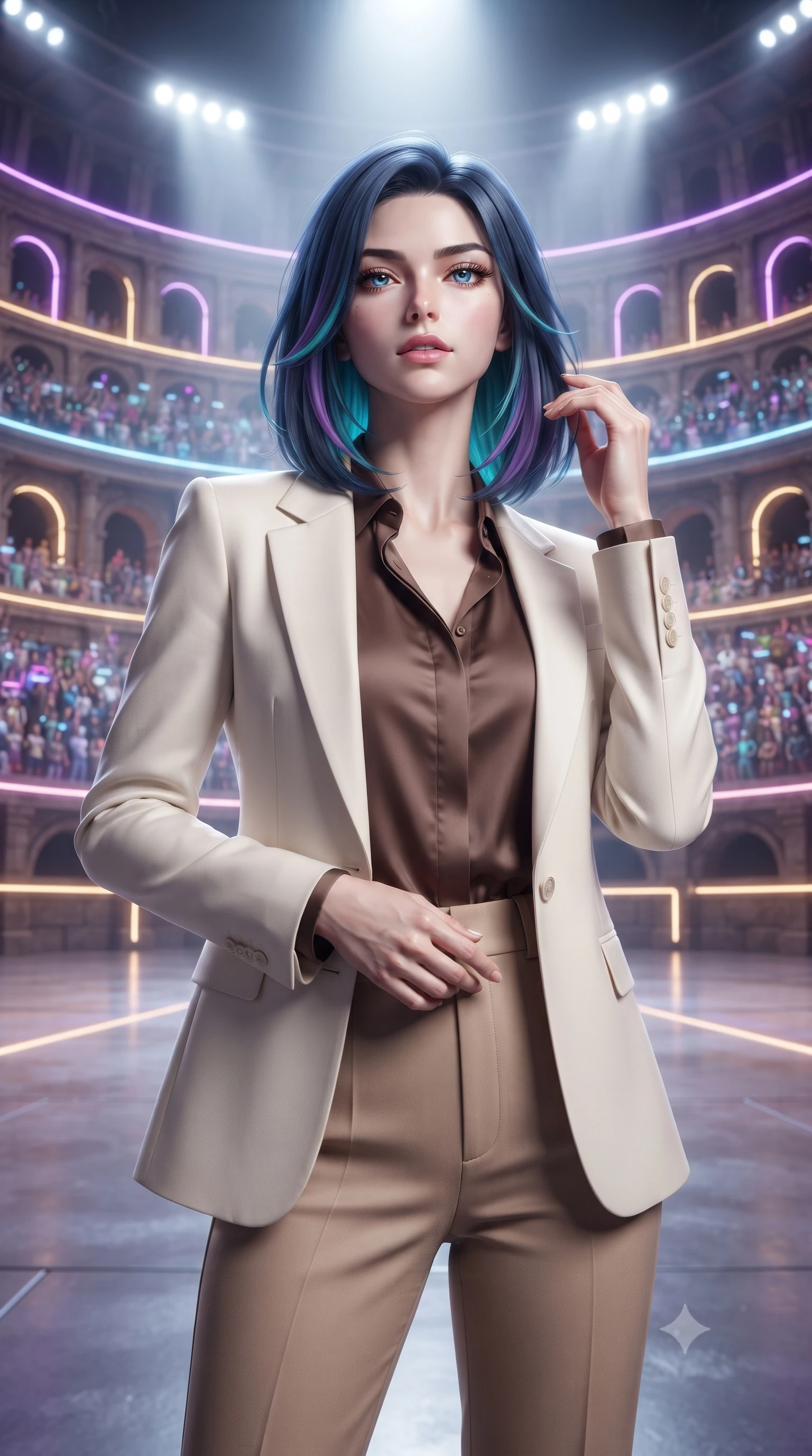 score_9, masterpiece, best quality, ultra-detailed, high-budget anime keyframe, editorial fashion photography, tasteful artistic composition, Caucasian woman, strictly human ears. close-up cowboy shot from the waist and thighs up, the character dominates the composition, filling the frame with her large presence, background elements kept in soft focus. Tilting her chin up slightly with lips parted in a composed expression. set against a soft-focus background of the Roman Colosseum reimagined as a futuristic entertainment arena with holographic spectators filling the ancient stone tiers neon light strips tracing every arch and the arena floor a smooth reflective surface. She has an exceptionally elegant and slender, willowy female figure with an ultra-slim waist, a gracefully sculpted slender torso, and a refined slim physique. sharp v-shaped jawline, high-bridge nose, intricate jewel-like eyes with depth, thick eyelashes, glossy lips with a natural sheen. wearing a structured ivory blazer over a cocoa brown silk blouse, paired with high-waisted sand-colored tailored trousers. dramatic arena lighting from above with intense white spots and neon accent strips in purple and gold outlining the ancient architecture with holographic spectator glow providing ambient fill. 2k, ultra detail, master piece, 9:16 ratio