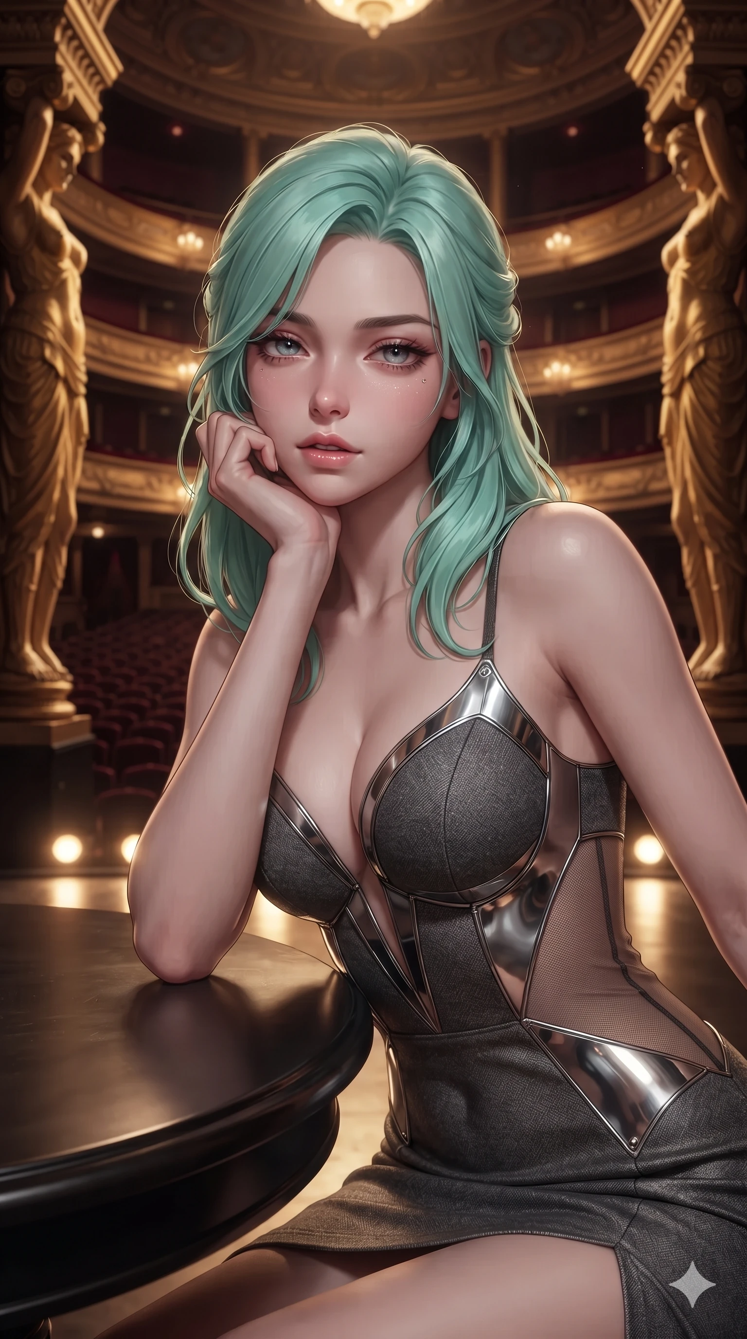 score_9, masterpiece, best quality, ultra-detailed, high-budget anime keyframe, editorial fashion photography, tasteful artistic composition, Japanese woman. close-up cowboy shot from the waist and thighs up, the character dominates the composition, filling the frame with her large presence. resting one elbow on the table and supporting her chin, leaning close to the camera with heavy-lidded sparkling eyes and parted lips while standing poised between monumental gilded cariatid columns overlooking the grand opera auditorium, arching her lower back with sovereign supermodel grace. The background shows a soft-focus theatrical grand tier atmosphere softened in royal opera salon shallow focus. She has an exceptionally elegant, slender, and willowy female figure with an ultra-slim waist, flat toned midriff, narrow ribcage, and sculpted feminine hips creating an alluring, slim hourglass silhouette without bulk. sharp v-shaped jawline, high-bridge nose, intricate jewel-like sparkling eyes with depth, thick eyelashes, glossy parted lips with a natural sheen, intensely captivating and seductive bedroom-eyes expression, exuding both youthful cute charm and sovereign luxury allure, flawlessly proportioned anatomical accuracy, strict slender model proportions, natural body alignment, perfectly sculpted long slender limbs, ultra-slim waistline, clean dynamic posture without body distortion. wearing an alluring plunging sweetheart bodice dress with sheer mesh side-waist cutouts contouring her ribs in charcoal grey and polished chrome, featuring strategic sheer-illusion tulle side panels framing her ribcage and hips, finished with an ultra-high side slit secured by miniature jeweled clasps, the high-slit wrap tailoring accentuating her ultra-slim waistline and the enchanting curve of her feminine hips with alluring seductive charm. bathed in the theatrical, dramatic contrast of golden stage footlights from below and dim ambient royal crimson lighting. ultra-reflective glossy finish, specular highlights, rich textural contrasts, high-contrast stereoscopic depth, volumetric dynamic lighting, 2k, ultra detail, master piece, 9:16 ratio