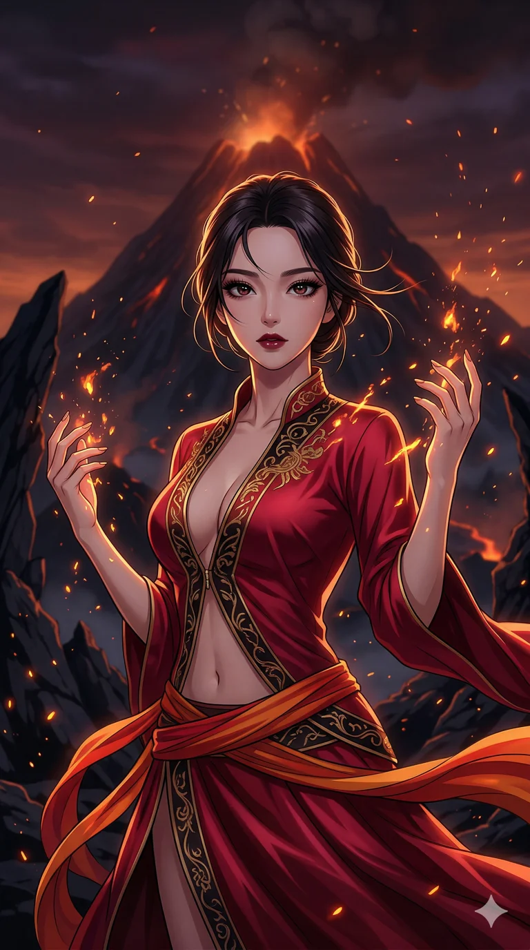 score_9, masterpiece, best quality, ultra-detailed, high-budget anime keyframe, an incredibly beautiful Korean woman. Medium shot of upper body focusing on her alluring features and slim-fit silhouette, filling the vertical 9:16 frame. She is a fire priestess standing before an obsidian volcano. Her figure boasts an absolutely perfect 8-heads proportion, an exceptionally tall and slender build emphasizing a delicate skinny aesthetic. Her face is a flawless masterpiece with a sharp v-shaped jawline, high-bridge nose, expressive jewel-like eyes, thick eyelashes, and perfectly glossy lips. She is wearing a sensual crimson silk dress unzipped deeply, showing an exposed midriff. Floating embers, dark volcanic rock, dramatic rim lighting., 2k, ultra detail, master piece, 9:16 ratio