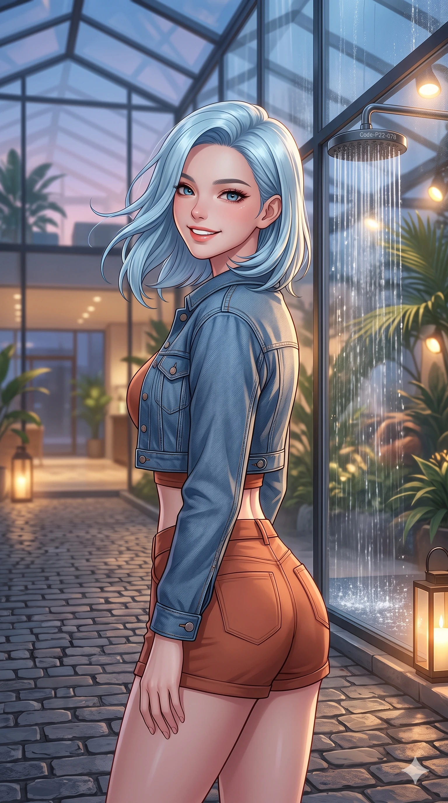 score_9, masterpiece, best quality, ultra-detailed, high-budget anime keyframe, vibrant anime aesthetic, Korean woman. close-up cowboy shot from the waist and thighs up, the character dominates the composition, filling the frame with her large presence, background elements kept in soft focus. She is posing near glass greenhouse panels, smiling delightfully over her shoulder, gazing softly at the camera lens with a soft breath of wind in her hair. inside a modern glass atrium of a hotel lobby filled with tropical plants and warm spotlights, looking at a rain shower (Code-P22-078). She has an absolutely perfect proportion, an exceptionally elegant and slender female figure with an ultra-slim waist. V-shaped jawline, high-bridge nose, intricate jewel-like eyes with depth, thick eyelashes, glossy lips with a natural sheen. wearing a cropped denim jacket over a fitted crop top and short-shorts in warm terracotta. She is bathed in soft twilight glow mixed with warm lantern lights, highlighting her V-shaped jawline along the cobblestone alley. 2k, ultra detail, master piece, 9:16 ratio