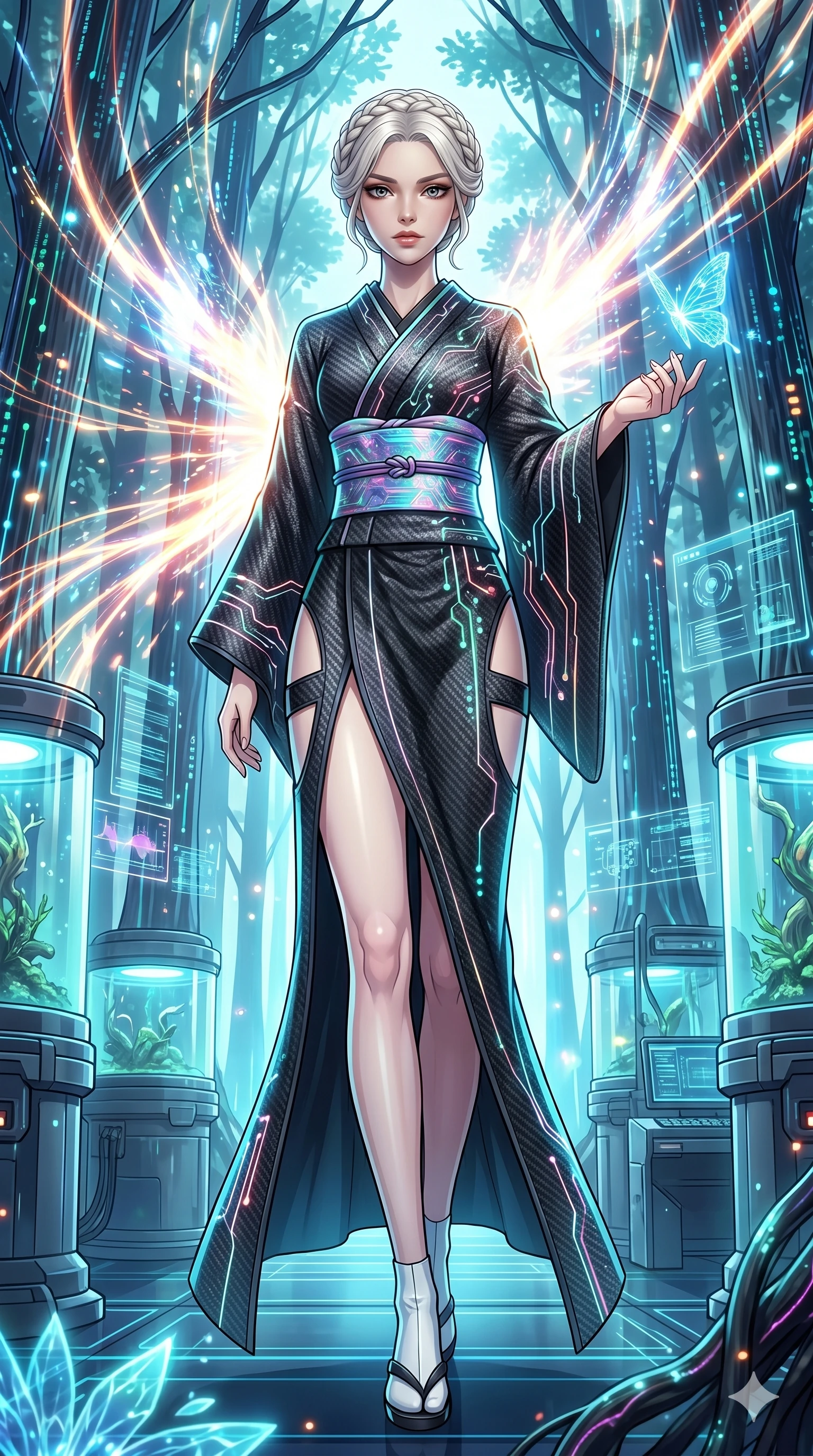 score_9, masterpiece, best quality, ultra-detailed, High-budget Anime Keyframe, vibrant colors, fluid line-art, expressive lighting, cinematic composition, Ufotable-style visual effects, top-tier animation quality, Caucasian woman with pale skin, blonde hair, and (strictly human ears). Dramatic low angle looking up at her majestic stature, dominating the vertical space of the composition. Walking through a futuristic digital forest where the trees are made of fiber-optics and glowing data streams, interacting with bioluminescent wildlife. She has an absolutely perfect 8-heads proportion, an exceptionally tall and slender female figure with impossibly long slender legs and an ultra-slim waist, her statuesque height and towering silhouette dominating the vertical 9:16 frame. Her face is a masterpiece featuring a sharp v-shaped jawline, high-bridge nose, intricate jewel-like eyes with depth, thick eyelashes, and glossy lips with a natural sheen. She is wearing a High-slit tech-kimono with holographic obi and integrated neon-lit circuitry patterns crafted from Carbon-fiber weave with a high-tech matte finish and integrated glowing filaments, with integrated neon-lit tactical gear and suggestive cutouts on the thighs. The scene is set in a high-tech research laboratory with glowing glass tanks and complex holographic interfaces, illuminated by intense energy flares from her powers illuminating the scene with brilliant light. 2k, ultra detail, master piece, 9:16 ratio