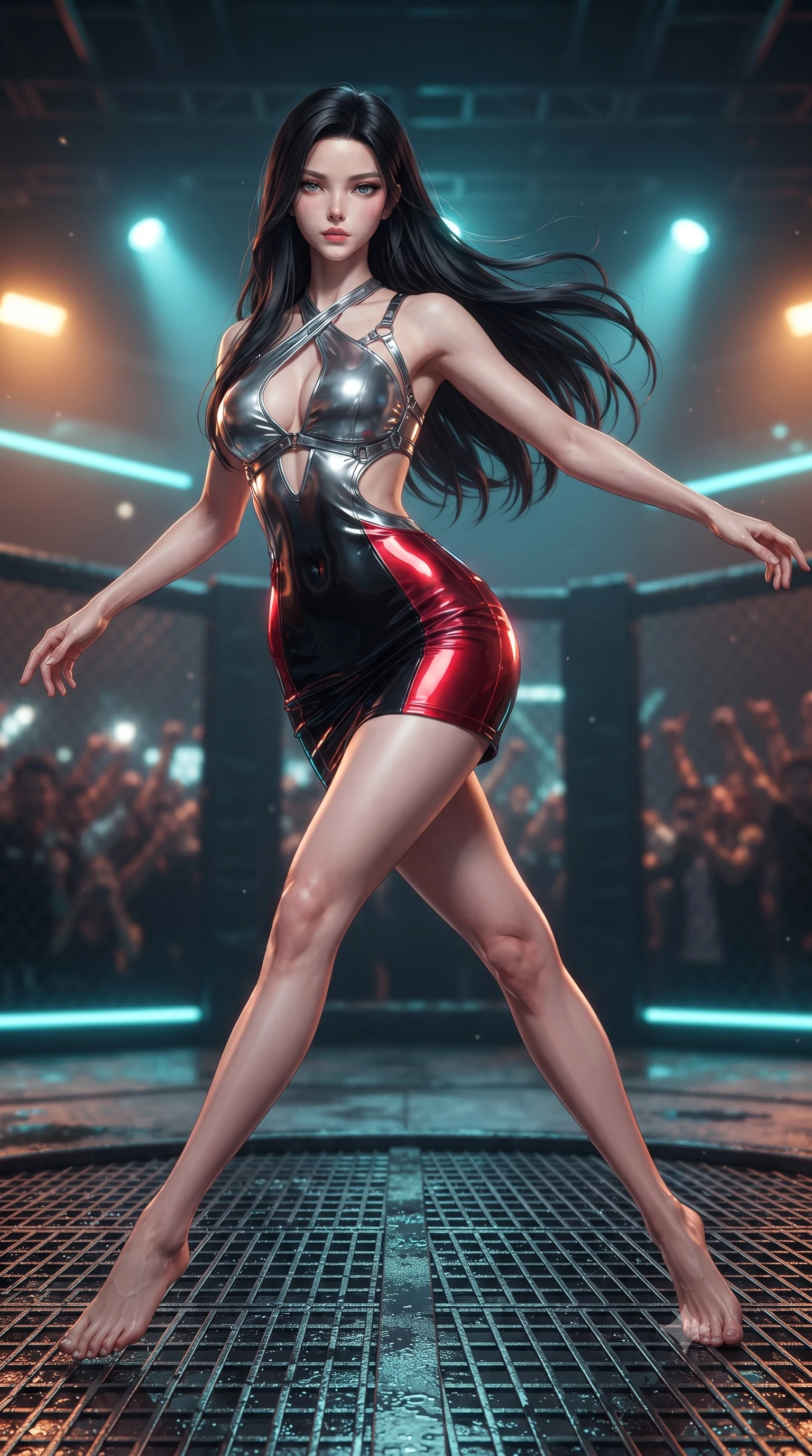 score_9, masterpiece, best quality, ultra-detailed, high-budget anime keyframe, editorial fashion photography, tasteful artistic composition, Korean woman. low angle full-body shot from head to toe showing her feet, filling the entire 9:16 vertical frame with her statuesque presence, stretching her vertical silhouette. performing an alluring mid-air vault with flawless poise, looking directly into the camera with smoldering intensity while pivoting dynamically on wet metal grating as pulsating neon arena floodlights trace her sculpted waist. The composition keeps background elements in soft focus with creamy bokeh. distant cage meshes and roaring underground crowds softened by shallow atmospheric focus. She has an absolutely perfect, statuesque 8.5-heads proportion, an exceptionally tall and slender model-like female figure with impossibly long slender legs and an ultra-slim waist. sharp v-shaped jawline, high-bridge nose, intricate jewel-like eyes with depth, thick eyelashes, glossy lips with a natural sheen, flawlessly proportioned anatomical accuracy, natural body alignment, perfectly sculpted elegant limbs, clean dynamic posture without body distortion. wearing a molten silver liquid-metal mini dress featuring deep side-waist cutouts and a daring crossover halter neckline in glossy obsidian black and radiant crimson red, tailored from semi-translucent cybernetic vinyl with glowing micro-filaments, reinforced by a sleek metallic chrome harness and delicate glowing micro-straps, the form-contouring second-skin material highlighting her ultra-slim waist and long lines. bathed in blazing amber sodium vapor lights and sharp electric cyan arena rim spotlights. ultra-reflective glossy finish, specular highlights, metallic sheen, high-contrast stereoscopic depth, volumetric dynamic lighting, 2k, ultra detail, master piece, 9:16 ratio