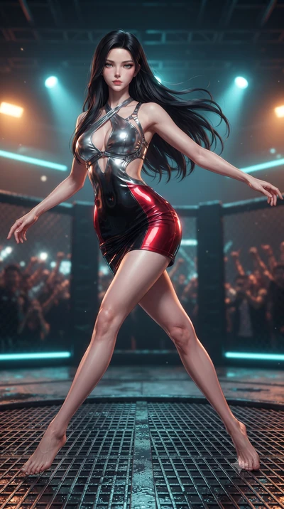 score_9, masterpiece, best quality, ultra-detailed, high-budget anime keyframe, editorial fashion photography, tasteful artistic composition, Korean woman. low angle full-body shot from head to toe showing her feet, filling the entire 9:16 vertical f
