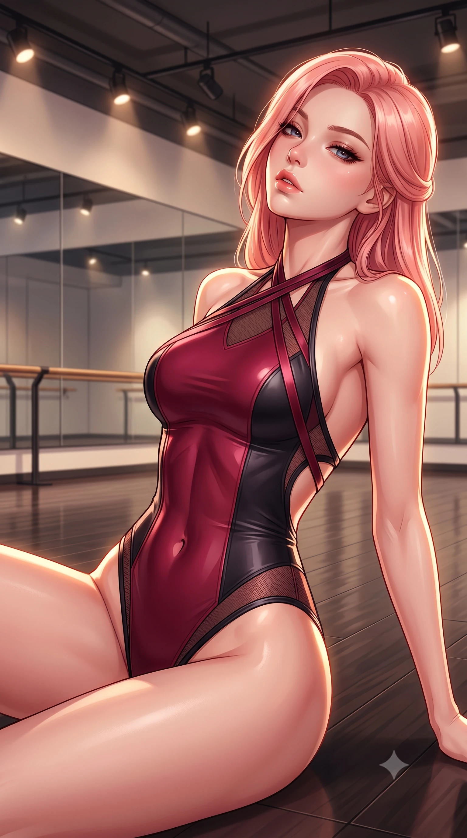 score_9, masterpiece, best quality, ultra-detailed, high-budget anime keyframe, semi-realistic 3D game render, editorial fashion photography, tasteful artistic composition, Japanese woman. close-up cowboy shot from the waist and thighs up, the character dominates the composition, filling the frame with her large presence. leaning back with relaxed seductive grace, her sculpted collarbones and narrow waist highlighted as she casts smoldering bedroom-eyes directly into the camera while reclining on the dance studio floor propped up on one hip, head tilted back in ecstasy with parted lips as warm spotlights trace her silhouette. The surrounding environment is rendered in vivid detail and crisp panoramic clarity. detailed muscle definition, fabric stretch tension lines, and studio spotlight fixtures in high clarity. She has an exceptionally elegant, slender, and willowy female figure with an ultra-slim waist, a gracefully sculpted slender torso, toned flat midriff, and rounded feminine hips creating an alluring hourglass silhouette. sharp v-shaped jawline, high-bridge nose, intricate jewel-like eyes with depth, thick eyelashes, glossy parted lips with a natural sheen, intensely captivating and seductive bedroom-eyes expression, flawlessly proportioned anatomical accuracy, strict slender model proportions, natural body alignment, perfectly sculpted long slender limbs, ultra-slim waistline, clean dynamic posture without body distortion. wearing a form-contouring halter dance leotard with an open scooped back and high-cut leg openings in crimson wine red and matte black, crafted from second-skin aerodynamic stretch vinyl with specular sheen, accented with criss-cross satin back straps framing her bare spine and hips, the glove-like aerodynamic silhouette tightly following the natural contour of her hips and long slender legs with statuesque precision. surrounded by a disciplined, sensual, and exquisitely graceful haute-couture dancer aura. highly saturated vibrant anime colors, detailed shading with soft gradients, rich glossy textures, high-contrast stereoscopic depth, volumetric dynamic lighting, master piece, 9:16 ratio