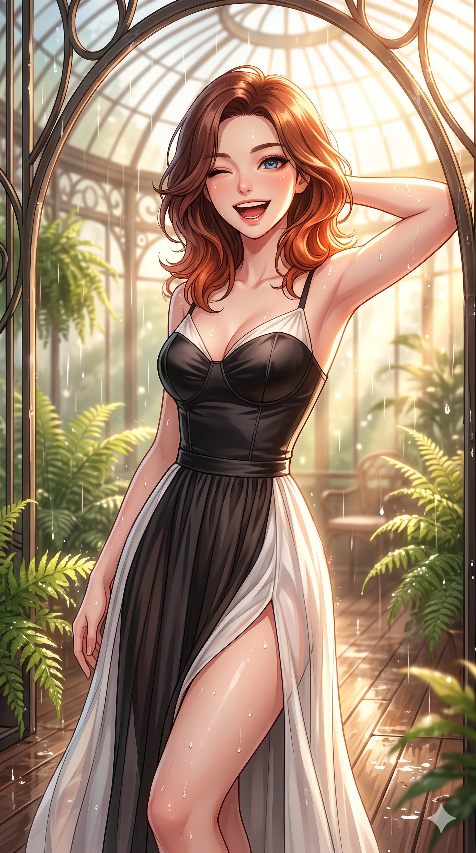 score_9, masterpiece, best quality, ultra-detailed, high-budget anime keyframe, vibrant anime aesthetic, Korean woman. close-up cowboy shot from the waist and thighs up, the character dominates the composition, filling the frame with her large presence, background elements kept in soft focus. She is leaning against a greenhouse frame, winking and laughing happily, her eyes glowing with lively energy with a relaxed and elegant posture. the background shows a soft-focus elegant art-nouveau conservatory filled with lush ferns, under a sun shower with volumetric light beams (Code-P22-124). She has an absolutely perfect proportion, an exceptionally elegant and slender female figure with an ultra-slim waist. V-shaped jawline, high-bridge nose, intricate jewel-like eyes with depth, thick eyelashes, glossy lips with a natural sheen. wearing a delicate chiffon dress featuring a structured satin bodice and refined side vent in black and white couture. She is drenched in bright, warm sun showers, casting sharp highlights on the raindrops, creating a warm, inviting, and atmospheric glow on the outdoor wooden terrace. 2k, ultra detail, master piece, 9:16 ratio