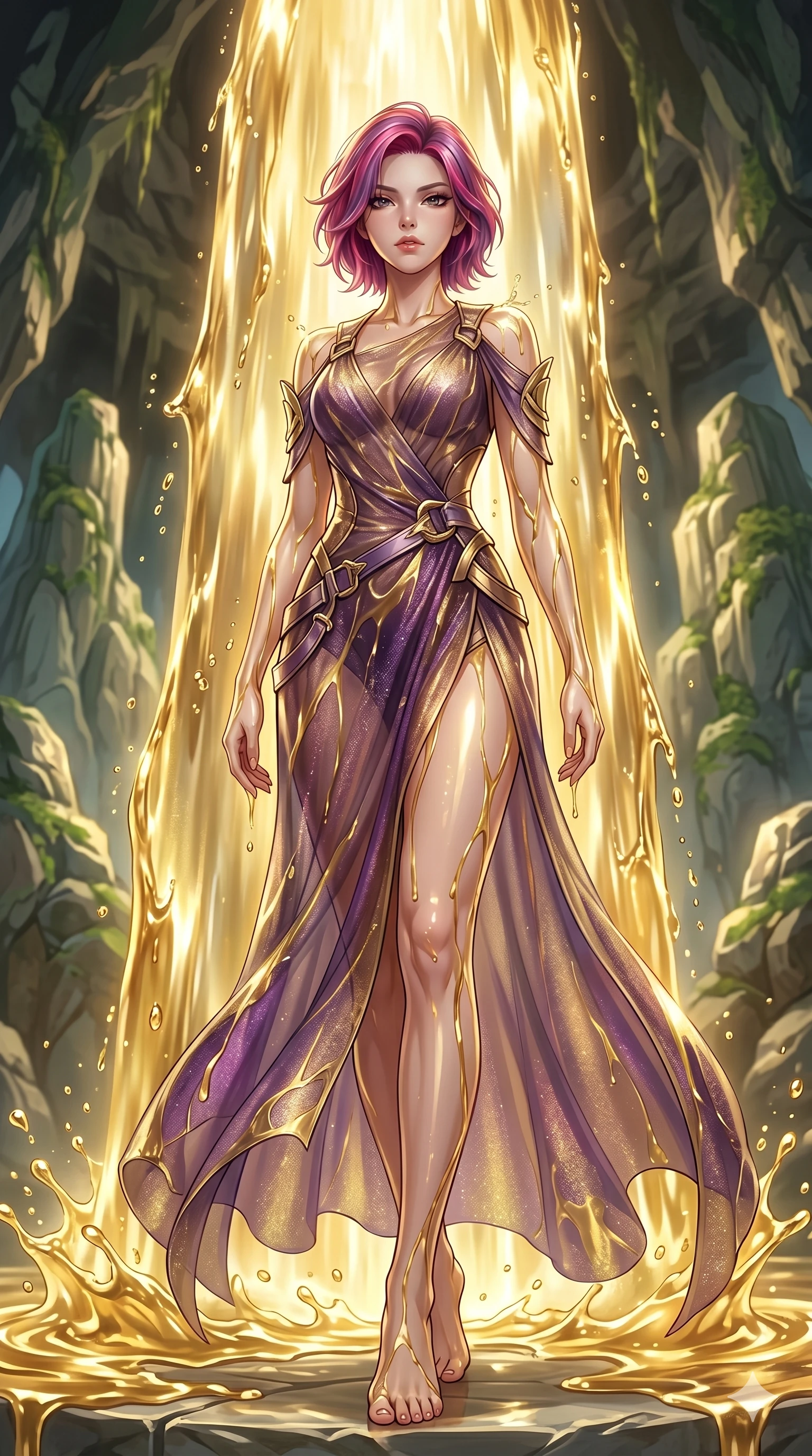 score_9, masterpiece, best quality, ultra-detailed, High-budget Anime Keyframe, East Asian woman. Low angle cowboy shot filling the entire 9:16 frame with her statuesque presence. Scenario 239: Standing under a waterfall of liquid gold, the fluid coating her form. Her presence is magnetic and overpowering in this high-budget anime scene. Outfit 239: A shimmering chiffon sheer with a thigh-high slit and metallic buckles. The clothing is designed to emphasize her exceptionally tall and slender 8-heads proportion. 8-heads proportion, towering silhouette, ultra-slim waist. sharp v-shaped jawline, intricate jewel-like eyes with depth, thick eyelashes, glossy lips. 2k, ultra detail, master piece, 9:16 ratio