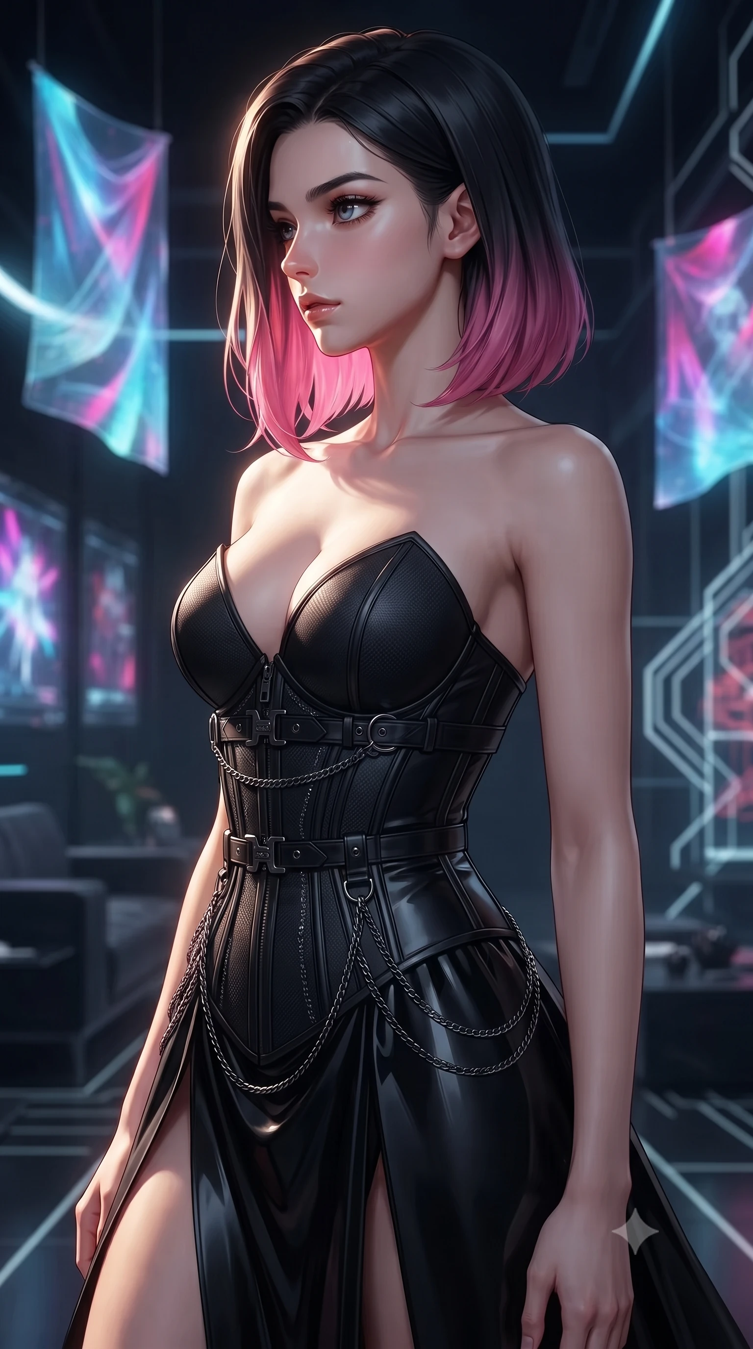 score_9, masterpiece, best quality, ultra-detailed, high-budget anime keyframe, editorial fashion photography, tasteful artistic composition, Korean woman. close-up cowboy shot from the waist and thighs up, the character dominates the composition, filling the frame with her large presence, background elements kept in soft focus. Turning her face in sharp dramatic profile against the key light, standing in a high-tech apartment filled with floating holographic silk tapestries, sculpted athletic form contoured by a second-skin metallic bodysuit. She has an exceptionally elegant, slender, and willowy female figure with an ultra-slim waist, a gracefully sculpted slender torso, and a refined silhouette. sharp v-shaped jawline, high-bridge nose, intricate jewel-like eyes with depth, thick eyelashes, glossy lips with a natural sheen. wearing low-cut gothic structured bodice gown with high leg slit in pitch-black onyx, made of matte carbon-fiber weave, framed by dark titanium buckles and silver chain details, contouring every curve with an exceptionally elegant silhouette. lit by intense digital key light piercing through deep cyber shadows. highly saturated vibrant anime colors, detailed shading with soft gradients, rich glossy textures, high-contrast stereoscopic depth, volumetric dynamic lighting, master piece, 9:16 ratio