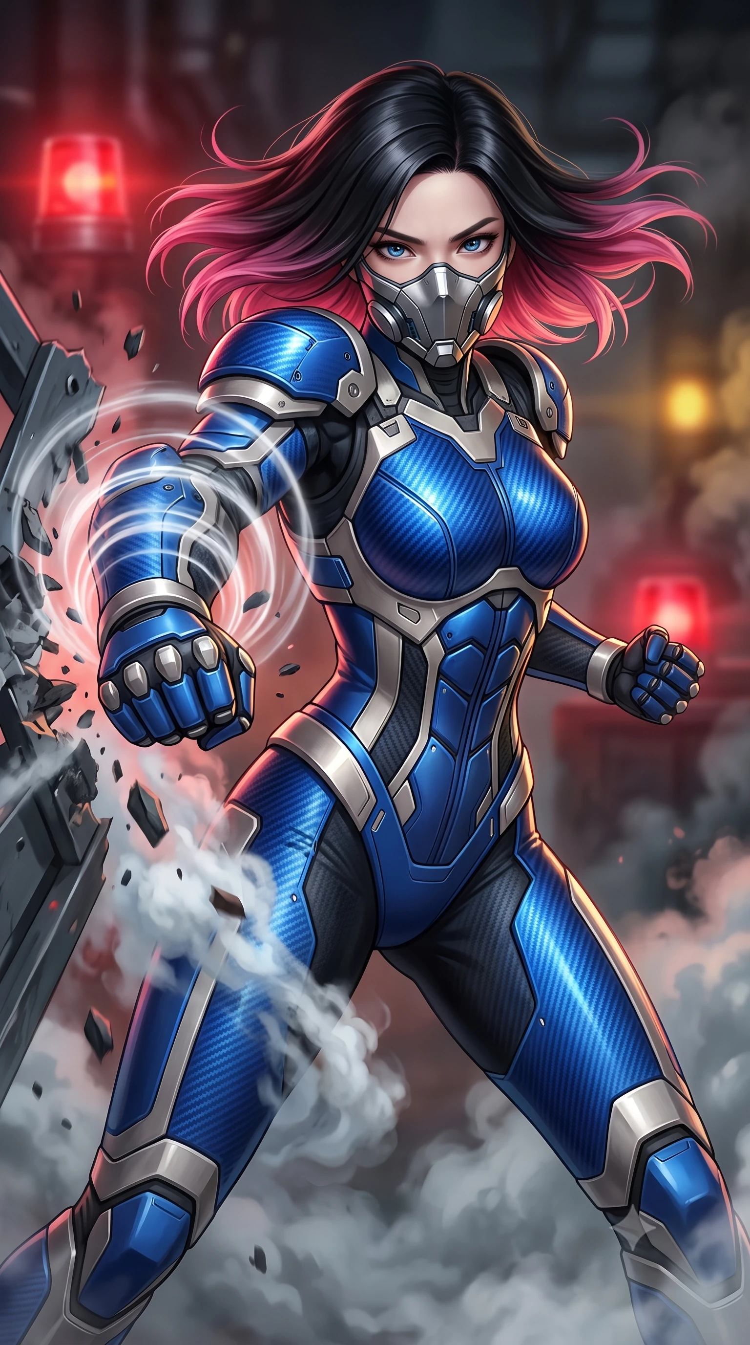 score_9, masterpiece, best quality, ultra-detailed, high-budget anime keyframe, semi-realistic 3D game render, editorial fashion photography, tasteful artistic composition, Korean woman. close-up cowboy shot from the waist and thighs up, the character dominates the composition, filling the frame with her large presence. thrusting a high-speed kinetic punch toward the camera, a visible conical shockwave distortion wrapping around her armored forearm while pivoting dynamically through escaping coolant steam as her heavy carbon shoulder guards smash through steel barricades. The composition keeps background elements in soft focus with creamy bokeh. pulsing red hazard beacons and drifting industrial steam plumes blurred into fiery crimson, amber, and charcoal bokeh. She has an exceptionally elegant, slender, and willowy female figure with an ultra-slim waist, a gracefully sculpted slender torso, toned flat midriff, and a refined slim silhouette. sharp v-shaped jawline, high-bridge nose, intricate jewel-like eyes with depth, thick eyelashes, glossy lips with a natural sheen, fierce and resolute heroine expression, flawlessly proportioned anatomical accuracy, strict slender model proportions, natural body alignment, perfectly sculpted long slender limbs, ultra-slim waistline, clean dynamic posture without body distortion. wearing a sleek titanium half-face combat rebreather guard protecting her lower jaw while leaving her expressive eyes and long hair flowing freely, paired with a statuesque high-fashion cyber-warrior armor suit with platinum bevels, heavy articulated shoulder guards, and an ultra-slim waist-cinching corset in electric cobalt blue carbon with brushed platinum tactical trim, made of lightweight aerodynamic carbon-titanium alloy with precision-beveled armor seams, finished with high-mobility flexible armor articulation seams and miniature magnetic locks, the liquid-tight tailored fabric emphasizing every curve of her tall, slender model proportions and sculptured silhouette during dynamic movement. illuminated by sharp specular highlights tracing her ultra-slim waist, long legs, and sculpted armor plates. rich saturated anime colors with glowing neon highlights, detailed shading with soft gradients, rich glossy textures, high-contrast stereoscopic depth, volumetric dynamic lighting, master piece, 9:16 ratio
