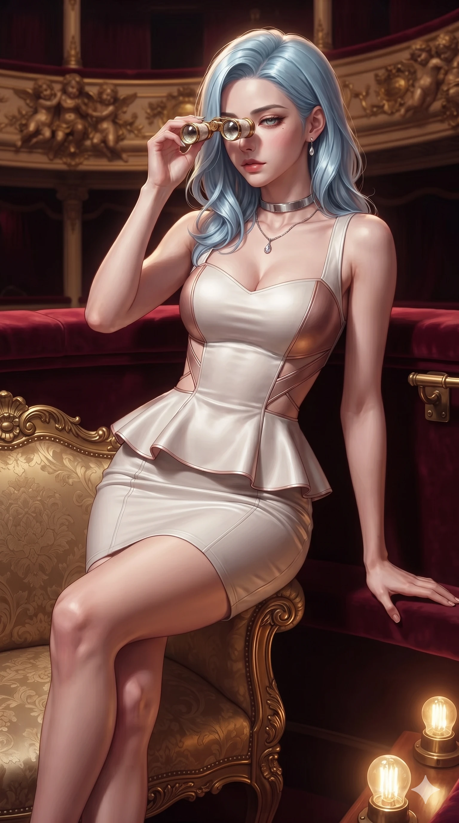 score_9, masterpiece, best quality, ultra-detailed, high-budget anime keyframe, editorial fashion photography, tasteful artistic composition, Korean woman. close-up cowboy shot from the waist and thighs up, the character dominates the composition, filling the frame with her large presence. perched sideways on the vintage settee, one knee drawn up to showcase her slender leg line while her arched back accentuates her feminine hip curve while leaning against the plush crimson velvet loge railing with hips cocked back, looking through antique opera glasses with heavy-lidded seductive bedroom-eyes. The surrounding environment is rendered in vivid detail and crisp panoramic clarity: sharp carved rococo gold-leaf cherubs, heavy velvet weave texture, and polished brass railing brackets in deep focus. She has an exceptionally elegant, slender, and willowy female figure with an ultra-slim waist, flat toned midriff, narrow ribcage, and sculpted feminine hips creating an alluring, slim hourglass silhouette without bulk. sharp v-shaped jawline, high-bridge nose, intricate jewel-like sparkling eyes with depth, thick eyelashes, glossy parted lips with a natural sheen, intensely captivating and seductive bedroom-eyes expression, exuding both youthful cute charm and sovereign luxury allure, flawlessly proportioned anatomical accuracy, strict slender model proportions, natural body alignment, perfectly sculpted long slender limbs, ultra-slim waistline, clean dynamic posture without body distortion. wearing a modern peplum corset dress with side-waist diamond cutouts and an ultra-tight silhouette in celestial porcelain white and rose-gold, woven from buttery-soft stretch lambskin leather adhering to her body like a second skin, finished with a minimalist chrome choker and a single teardrop diamond pendant, the form-contouring cut accentuating her sculpted flat midriff, narrow delicate ribcage, and gracefully curvy hips with intoxicating allure. bathed in the theatrical, dramatic contrast of warm golden stage footlights from below and dim ambient crimson box lighting. ultra-reflective glossy finish, specular highlights, rich textural contrasts, high-contrast stereoscopic depth, volumetric dynamic lighting, 2k, ultra detail, master piece, 9:16 ratio