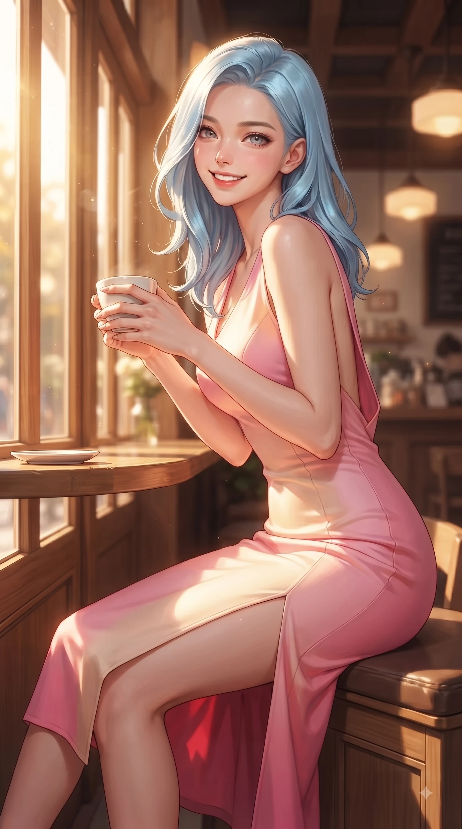 score_9, masterpiece, best quality, ultra-detailed, high-budget anime keyframe, editorial fashion photography, tasteful artistic composition, Korean woman. close-up cowboy shot from the waist and thighs up, the character dominates the composition, filling the frame with her large presence. Cheerful beaming smile with sparkling eyes and a fresh girlhood aura, leaning forward with playful grace while sitting by a sunlit wooden window inside a cozy cafe, holding a porcelain coffee cup. The composition keeps background elements in soft focus with dreamy bokeh. warm oak wood interiors and soft indoor ambient lamps blurred into cozy, creamy bokeh. She has an exceptionally elegant, slender, and willowy female figure with an ultra-slim waist, a gracefully sculpted slender torso, and a refined silhouette. sharp v-shaped jawline, high-bridge nose, intricate jewel-like eyes with depth, thick eyelashes, glossy lips with a natural sheen, flawlessly proportioned anatomical accuracy, natural body alignment, perfectly sculpted elegant limbs, clean dynamic posture without body distortion. wearing a precision-fitted bodycon dress with a graceful open draped back in bright cherry blossom pink and champagne, tailored from fine wool crepe with clean lines, featuring a sleek side leg slit ascending to mid-thigh, the sleek second-skin texture accentuating her magnetic presence. bathed in warm golden sunlight streaming through clean glass cafe windows. ultra-reflective glossy finish, specular highlights, metallic sheen, high-contrast stereoscopic depth, volumetric dynamic lighting, 2k, ultra detail, master piece, 9:16 ratio