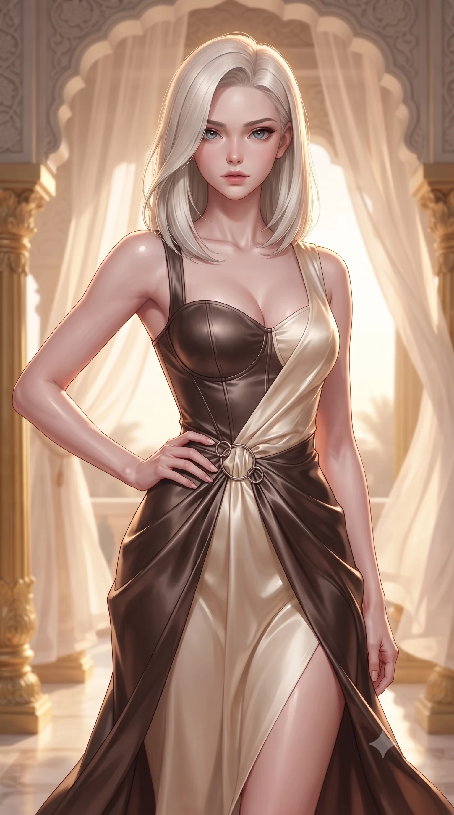 score_9, masterpiece, best quality, ultra-detailed, high-budget anime keyframe, editorial fashion photography, tasteful artistic composition, Caucasian woman. close-up cowboy shot from the waist and thighs up, the character dominates the composition, filling the frame with her large presence, background elements kept in soft focus. Holding a confident power pose with one hand on her hip, gazing directly into the camera with quiet intensity walking through an open-air colonnade with billowing silk gossamer curtains, opulent gold-leaf trim and carved ivory archways framed beautifully. She has an exceptionally elegant, slender, and willowy female figure with an ultra-slim waist, a gracefully sculpted slender torso, and a refined silhouette. sharp v-shaped jawline, high-bridge nose, intricate jewel-like eyes with depth, thick eyelashes, glossy lips with a natural sheen. wearing a modern fusion silk hanbok dress with a structured bodice in espresso brown and warm cream, crafted from lustrous satin jersey with fluid draping, accented with delicate chrome ring hardware framing her waist, the glove-like fit emphasizing her statuesque silhouette. illuminated by soft glowing sunset radiance with dramatic golden rim highlights. ultra-reflective glossy finish, specular highlights, metallic sheen, high-contrast stereoscopic depth, volumetric dynamic lighting, 2k, ultra detail, master piece, 9:16 ratio