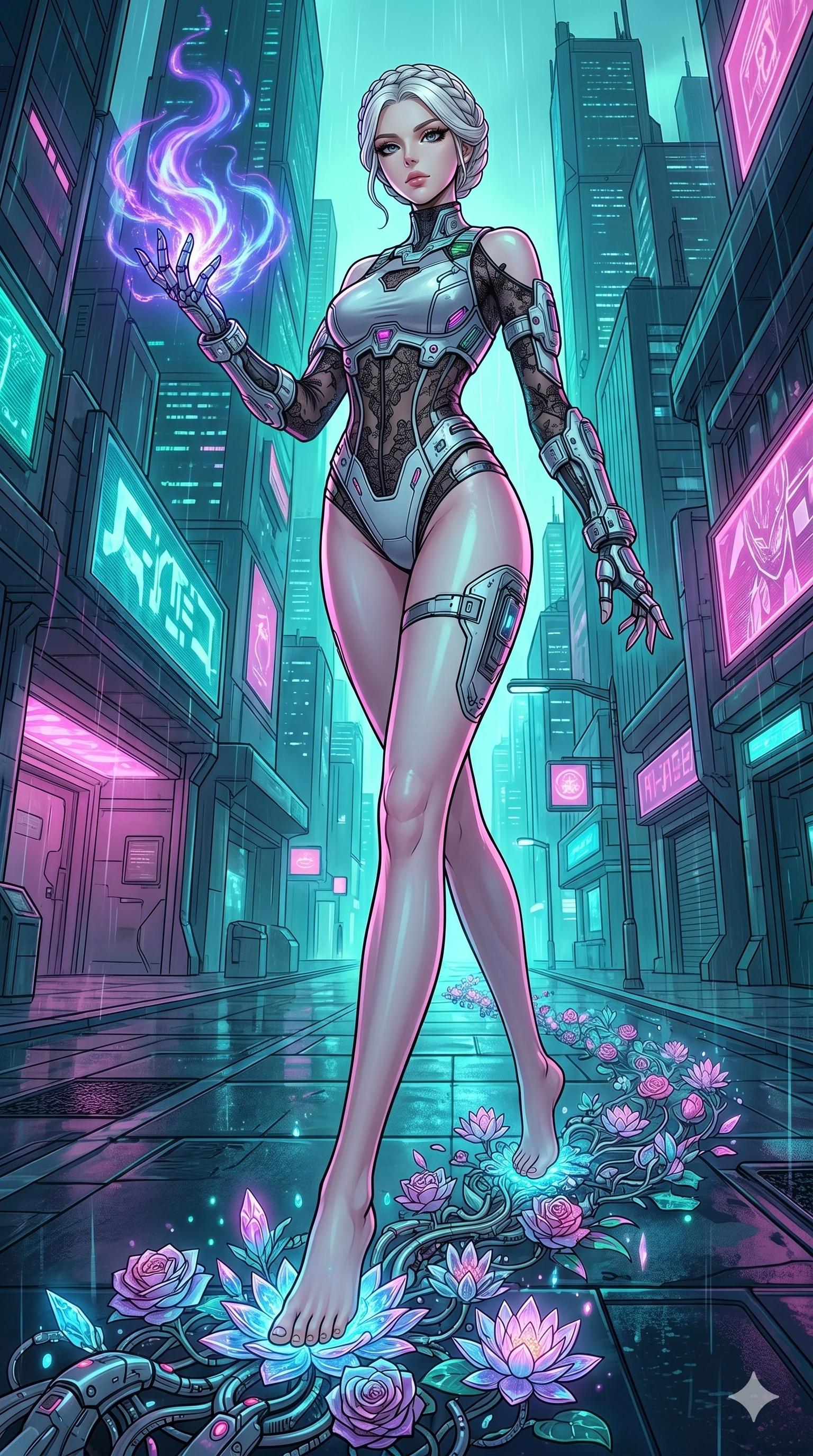 score_9, masterpiece, best quality, ultra-detailed, high-budget anime movie keyframe, cinematic anime lighting, intricate line art, Japanese woman. Dynamic full-body shot stretching the vertical silhouette with extreme perspective. casting a spell that turns her footsteps into blooming flowers. She has an absolutely perfect 8-heads proportion, an exceptionally tall and slender female figure with an ultra-slim waist and impossibly long slender legs. strictly human anatomy, two legs only, no extra limbs, clearly defined legs and arms, perfect anatomy, perfect hands and fingers. sharp v-shaped jawline, high-bridge nose, intricate jewel-like eyes, thick eyelashes, glossy lips. Wearing Cyber-Tech Legacy: Asymmetrical high-cut tech-bodysuit with detached sleeves and chrome-plated corset over sheer lace. The scene is illuminated by dramatic atmospheric lighting and vibrant color palettes. , 2k, ultra detail, master piece, 9:16 ratio