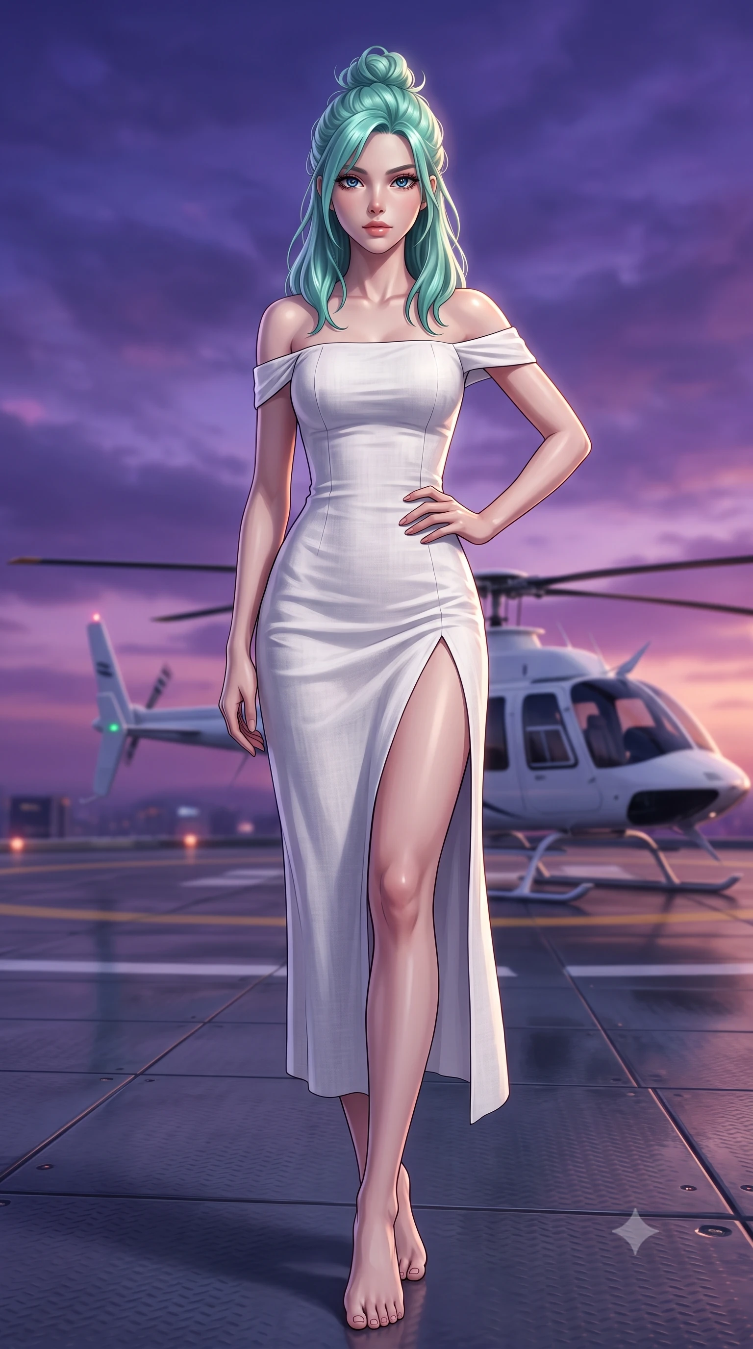 score_9, masterpiece, best quality, ultra-detailed, high-budget anime keyframe, editorial fashion photography, tasteful artistic composition, Japanese woman. low angle full-body shot from head to toe showing her feet, filling the entire 9:16 vertical frame with her statuesque presence, stretching her vertical silhouette. posing confidently with one hand on her hip, stretching her statuesque body to emphasize her curves the background shows a soft-focus a high-rise rooftop helipad with a sleek white helicopter during a dramatic dusk. She has an absolutely perfect, statuesque 8.5-heads proportion, an exceptionally tall and slender model-like female figure with impossibly long slender legs and an ultra-slim waist. sharp v-shaped jawline, high-bridge nose, intricate jewel-like eyes with depth, thick eyelashes, glossy lips with a natural sheen. wearing a slim-fit off-shoulder white linen summer dress featuring a high side slit ascending to mid-thigh. the deep violet and orange twilight sky casting a majestic glow over the tarmac. ultra-reflective glossy finish, specular highlights, metallic sheen, high-contrast stereoscopic depth, volumetric dynamic lighting, 2k, ultra detail, master piece, 9:16 ratio