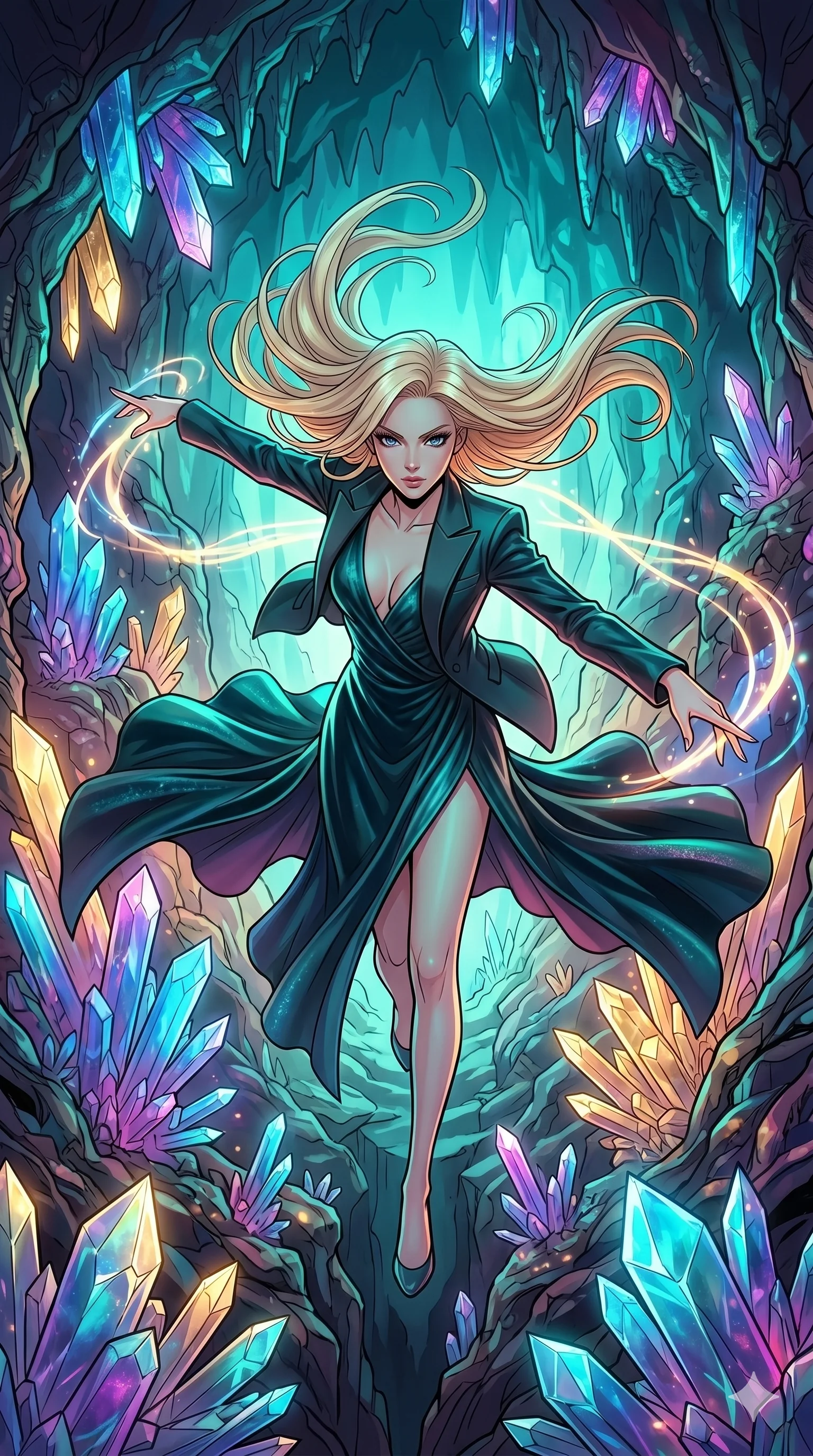 score_9, masterpiece, best quality, ultra-detailed, high-budget anime movie keyframe, cinematic anime lighting, intricate line art, Japanese anime girl. Extreme high angle shot as she leaps towards the camera, filling the frame. performing a dance of light in a cave of glowing crystals. She has an absolutely perfect 8-heads proportion, an exceptionally tall and slender female figure with an ultra-slim waist and impossibly long slender legs. strictly human anatomy, two legs only, no extra limbs, clearly defined legs and arms, perfect anatomy, perfect hands and fingers. sharp v-shaped jawline, high-bridge nose, intricate jewel-like eyes, thick eyelashes, glossy lips. Wearing High-Fashion Editorial: Silk slip dress with high side slit, backless velvet gown, and structured blazer with nothing underneath. The scene is illuminated by dramatic atmospheric lighting and vibrant color palettes. , 2k, ultra detail, master piece, 9:16 ratio