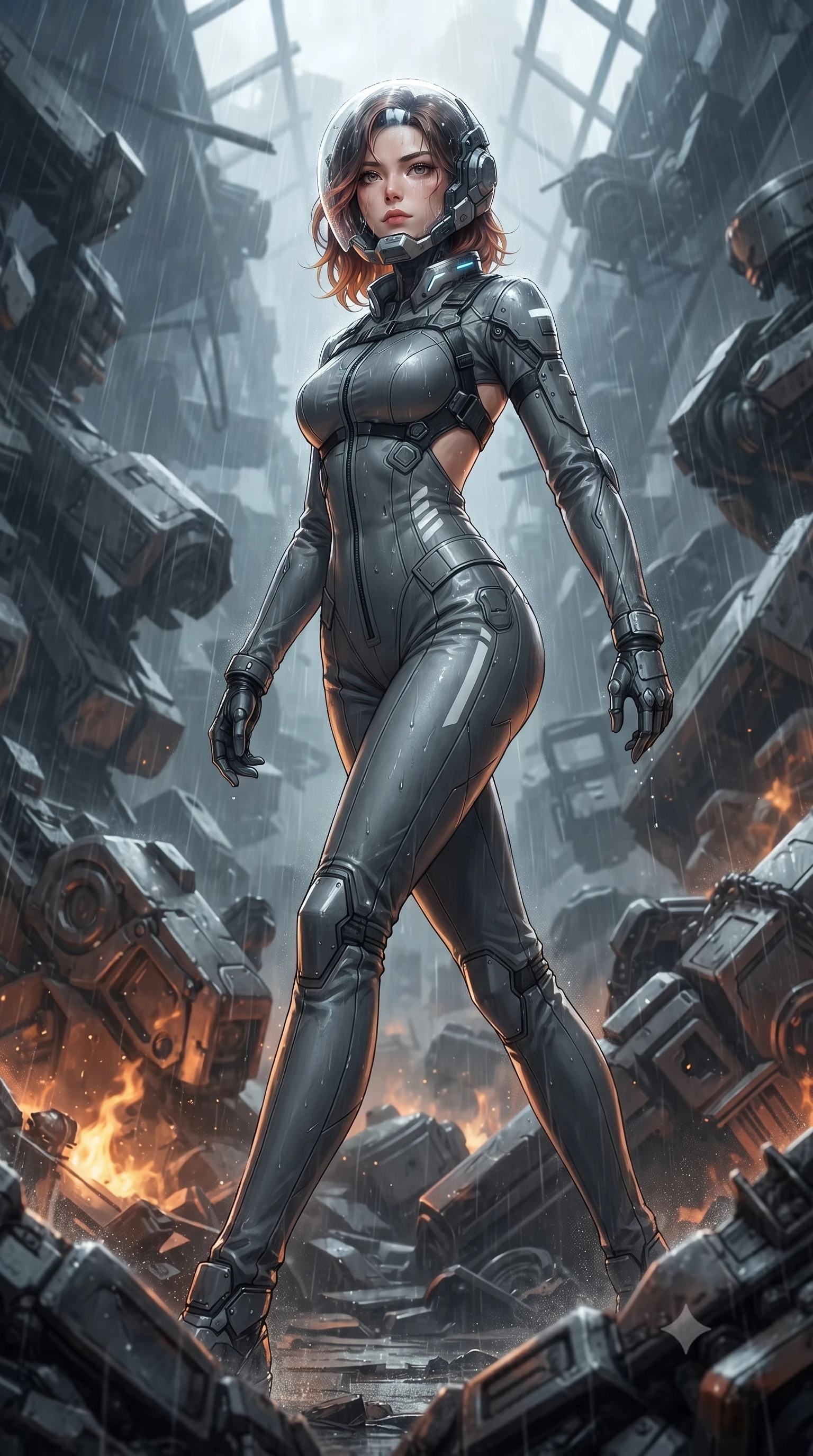 score_9, masterpiece, best quality, ultra-detailed, high-budget anime keyframe, editorial fashion photography, tasteful artistic composition, Korean woman. low angle full-body shot from head to toe showing her feet, filling the entire 9:16 vertical frame with her statuesque presence, stretching her vertical silhouette. striding forward with sovereign warrior elegance in a low, predatory combat advance through the ruins, hips swaying with fierce athletic poise while arching her spine in a fluid stretch as rain washes the dust from her bare neck and determined face. The surrounding environment is rendered in vivid detail and crisp panoramic clarity. high-contrast mechanical chiaroscuro and monumental war-machine wreckage captured with precision. She has an absolutely perfect, statuesque 8.5-heads proportion, an exceptionally tall and slender model-like female figure with impossibly long slender legs, a toned flat midriff, and an ultra-slim waist. sharp v-shaped jawline, high-bridge nose, intricate jewel-like eyes with depth, thick eyelashes, glossy lips with a natural sheen, fierce and resolute heroine expression, flawlessly proportioned anatomical accuracy, strict slender model proportions, natural body alignment, perfectly sculpted long slender limbs, ultra-slim waistline, clean dynamic posture without body distortion. wearing a crystal-clear transparent armored riot-visor helmet showing her entire beautiful face and determined expression with pristine clarity, paired with a tailored tactical combat jumpsuit with an open-back harness design, reinforced composite breastplate, and high-mobility elbow dampers in storm-grey carbon mesh with high-contrast white hazard stripes, made of lightweight aerodynamic carbon-titanium alloy with precision-beveled armor seams, featuring a sleek aerodynamic collar framed by subtle glowing cybernetic status LEDs, the sleek second-skin cut tightly hugging her graceful clavicle, narrow waist, and feminine curves with athletic precision. bathed in glowing amber reactor fire uplights and cool overcast skylight fill. ultra-reflective glossy finish, specular highlights, dark metallic sheen, high-contrast stereoscopic depth, volumetric dynamic lighting, 2k, ultra detail, master piece, 9:16 ratio