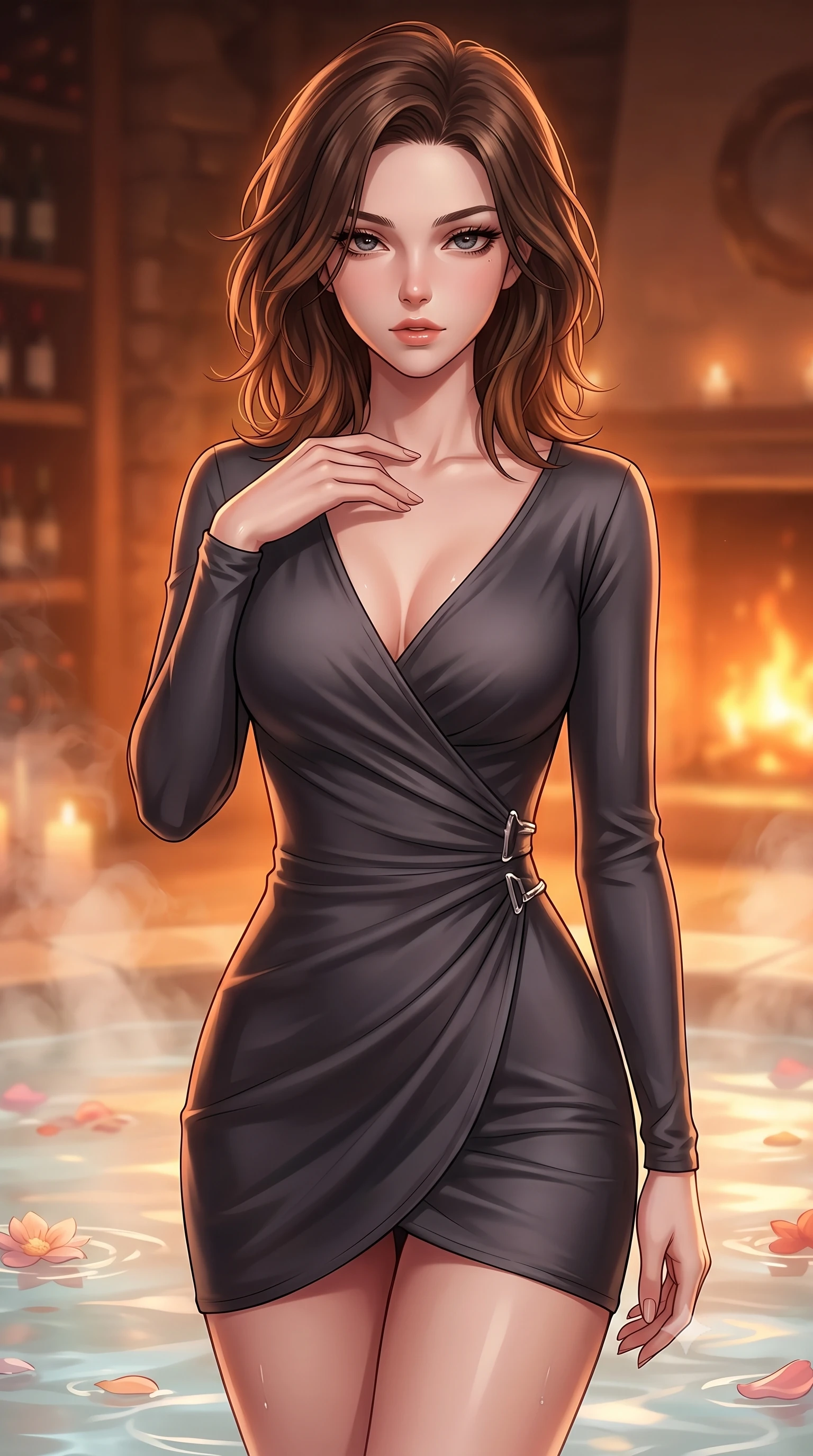 score_9, masterpiece, best quality, ultra-detailed, high-budget anime keyframe, editorial fashion photography, tasteful artistic composition, Korean woman. close-up cowboy shot from the waist and thighs up, the character dominates the composition, filling the frame with her large presence, background elements kept in soft focus. gently tracing her fingertips along her bare collarbone, casting a sultry gaze beneath long dark eyelashes set against a soft-focus background of inside an exclusive wine cellar alcove with rising mineral steam and floating flower petals on the clear water surface. She has an exceptionally elegant, slender, and willowy female figure with an ultra-slim waist, a gracefully sculpted slender torso, and a refined silhouette. sharp v-shaped jawline, high-bridge nose, intricate jewel-like eyes with depth, thick eyelashes, glossy lips with a natural sheen. wearing body-hugging charcoal matte silk sleek long-sleeve silk wrap dress contouring her ultra-slim waist elegantly accented with delicate silver hardware. bathed in cozy, flickering fireplace light that paints the room in a warm orange wash. highly saturated vibrant anime colors, detailed shading with soft gradients, rich glossy textures, high-contrast stereoscopic depth, volumetric dynamic lighting, master piece, 9:16 ratio