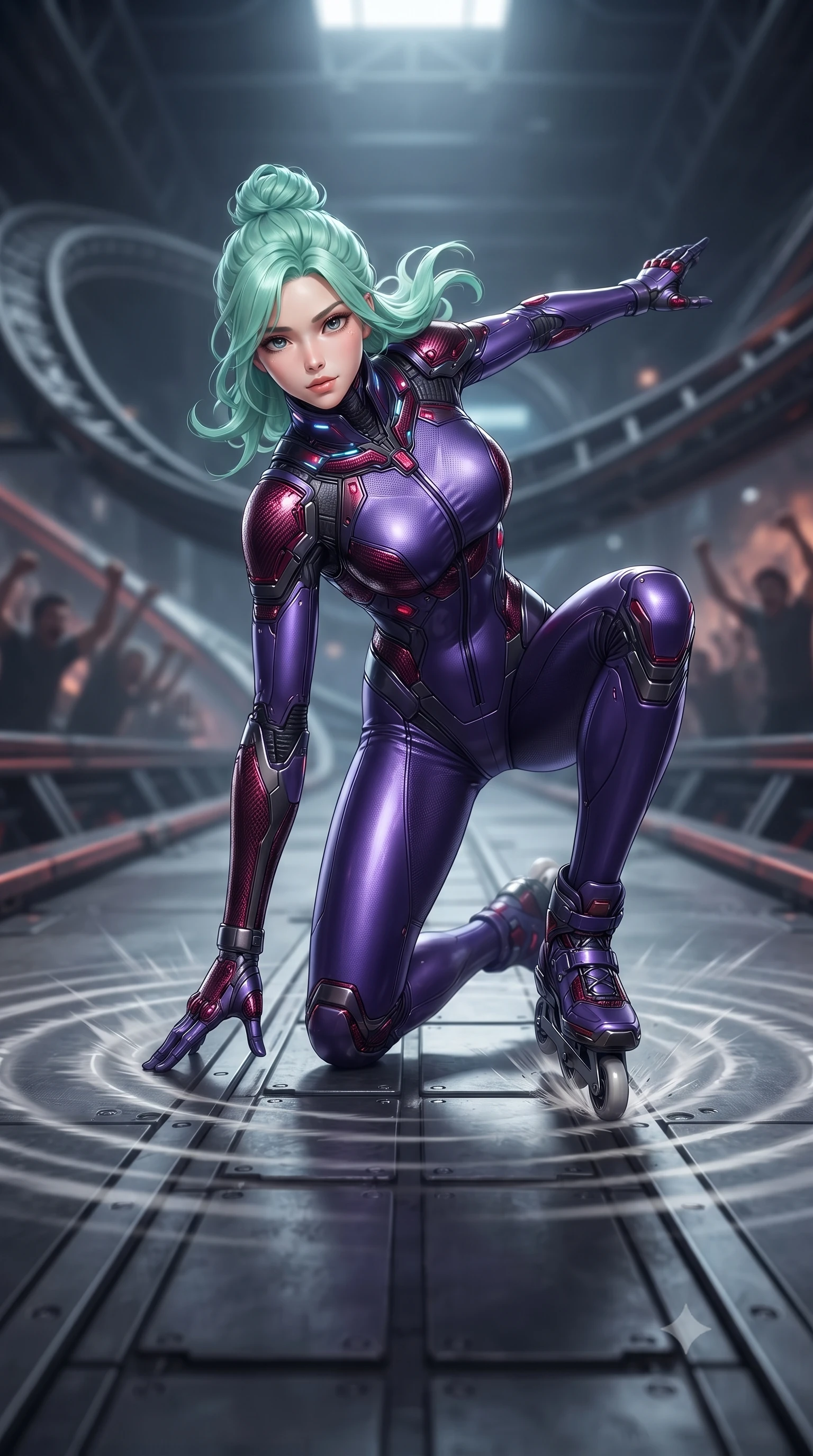 score_9, masterpiece, best quality, ultra-detailed, high-budget anime keyframe, editorial fashion photography, tasteful artistic composition, Japanese woman. low angle full-body shot from head to toe showing her feet, filling the entire 9:16 vertical frame with her statuesque presence, stretching her vertical silhouette. landing gracefully from a high-altitude leap on one knee and palm, her statuesque silhouette framed by radial shockwave ripples in the ground while pivoting dynamically on high-speed magnetic skates, launching into a high kinetic jump above the roaring industrial arena. The composition keeps background elements in soft focus with creamy bokeh. banked steel track curves and cheering spectator silhouettes softened in moody shallow focus. She has an absolutely perfect, statuesque 8.5-heads proportion, an exceptionally tall and slender model-like female figure with impossibly long slender legs, a toned flat midriff, and an ultra-slim waist. sharp v-shaped jawline, high-bridge nose, intricate jewel-like eyes with depth, thick eyelashes, glossy lips with a natural sheen, flawlessly proportioned anatomical accuracy, strict slender model proportions, natural body alignment, perfectly sculpted long slender limbs, ultra-slim waistline, clean dynamic posture without body distortion. wearing a precision-fitted royal purple carbon-fiber martial arts suit with silver accents and glowing micro-circuit knuckle plating in deep crimson carbon weave with specular dark chrome accents, crafted from ultra-strong woven carbon-fiber composite with a satin luster, featuring a sleek aerodynamic collar framed by subtle glowing cybernetic status LEDs, the form-contouring material adhering flawlessly to her sculpted flat midriff and slender torso, emphasizing her long leg lines and perfectly proportioned willowy build. surrounded by an exhilarating, fierce, and breathtakingly stylish cyborg-warrior champion aura. ultra-reflective glossy finish, specular highlights, dark metallic sheen, high-contrast stereoscopic depth, volumetric dynamic lighting, 2k, ultra detail, master piece, 9:16 ratio