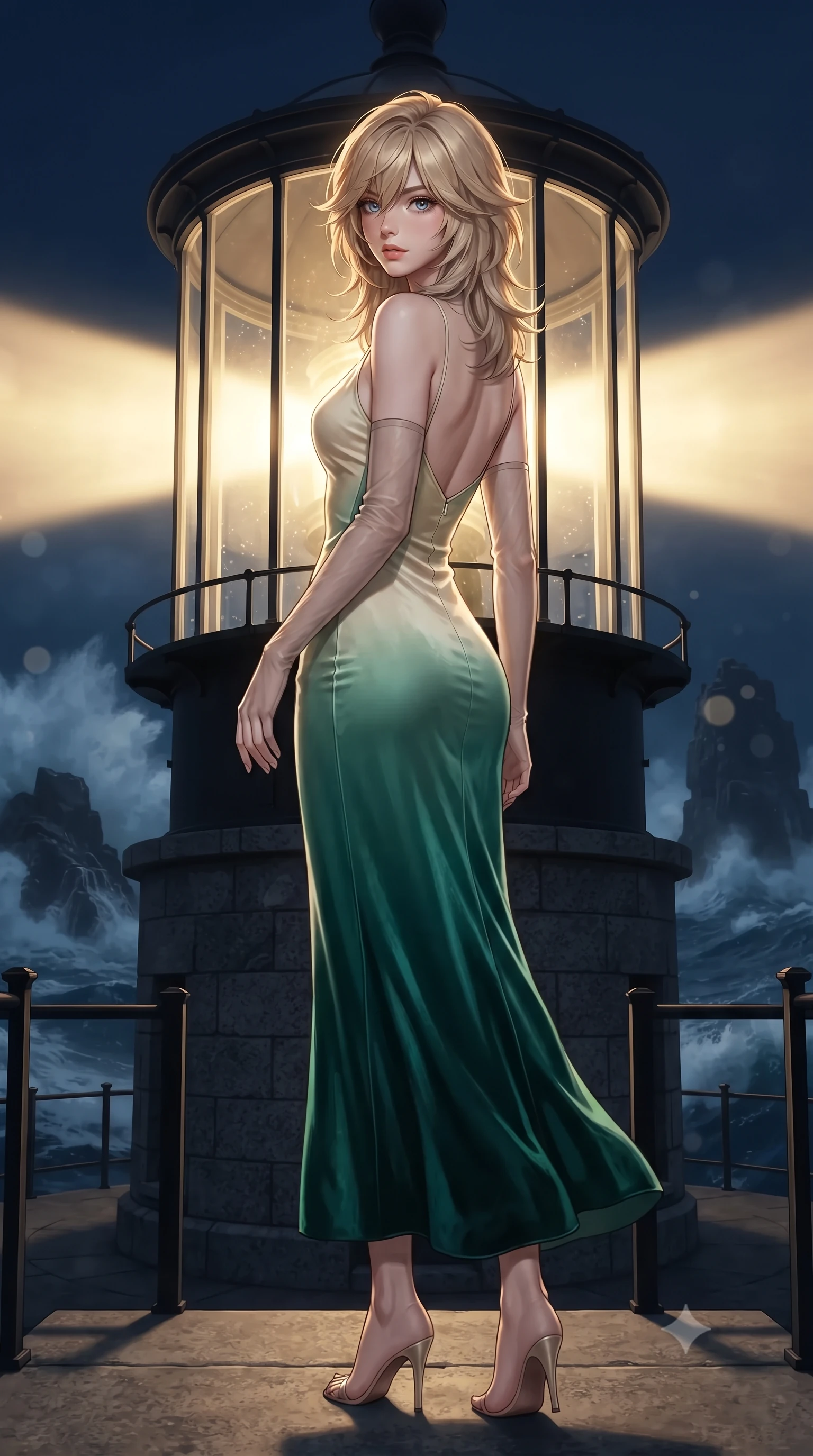 score_9, masterpiece, best quality, ultra-detailed, high-budget anime keyframe, editorial fashion photography, tasteful artistic composition, Japanese woman. low angle full-body shot from head to toe showing her feet, filling the entire 9:16 vertical frame with her statuesque presence, stretching her vertical silhouette. walking along the terrace with poise, looking back over her bare shoulder with an irresistible smoldering bedroom-gaze while standing poised inside the circular glass lantern room atop the historic granite lighthouse, arching her lower back with fierce diva charisma as Atlantic gale winds buffet the tower. The background shows a soft-focus colossal storm waves crashing over dark granite sea stacks, rotating Fresnel lens light beams cutting through midnight sea spray, blurred into diamond, slate, and sapphire bokeh. She has an exceptionally tall and slender model-like 8.5-heads proportion, an ultra-slim waist, a flat toned midriff, narrow delicate ribcage, and beautifully sculpted feminine hips creating a graceful, slim hourglass silhouette without any bulky heaviness, with impossibly long slender legs. sharp v-shaped jawline, high-bridge nose, intricate jewel-like sparkling eyes with depth, thick eyelashes, glossy parted lips with a natural peach sheen, bright cheerful beaming smile with an enchanting and coquettish sensual glint, exuding both youthful cute charm and seductive allure, flawlessly proportioned anatomical accuracy, strict slender model proportions, natural body alignment, perfectly sculpted long slender limbs, ultra-slim waistline, clean dynamic posture without body distortion. wearing a sculpted liquid satin bias-cut slip dress tailored with contouring seams that adhere flawlessly over her feminine hips in Mayan cenote emerald jade and subterranean limestone cream, tailored from ultra-plush silk velvet with rich tactile depth and deep shadow gradients, complemented by sheer opera-length evening gloves tracing her slender arms, the bespoke structured tailoring following the natural line of her 8.5-heads silhouette with refined elegance. bathed in the powerful rotating 3200K golden beam of the lighthouse lens contrasted with deep navy ocean twilight. ultra-reflective glossy finish, specular highlights, rich textural contrasts, high-contrast stereoscopic depth, volumetric dynamic lighting, 2k, ultra detail, master piece, 9:16 ratio