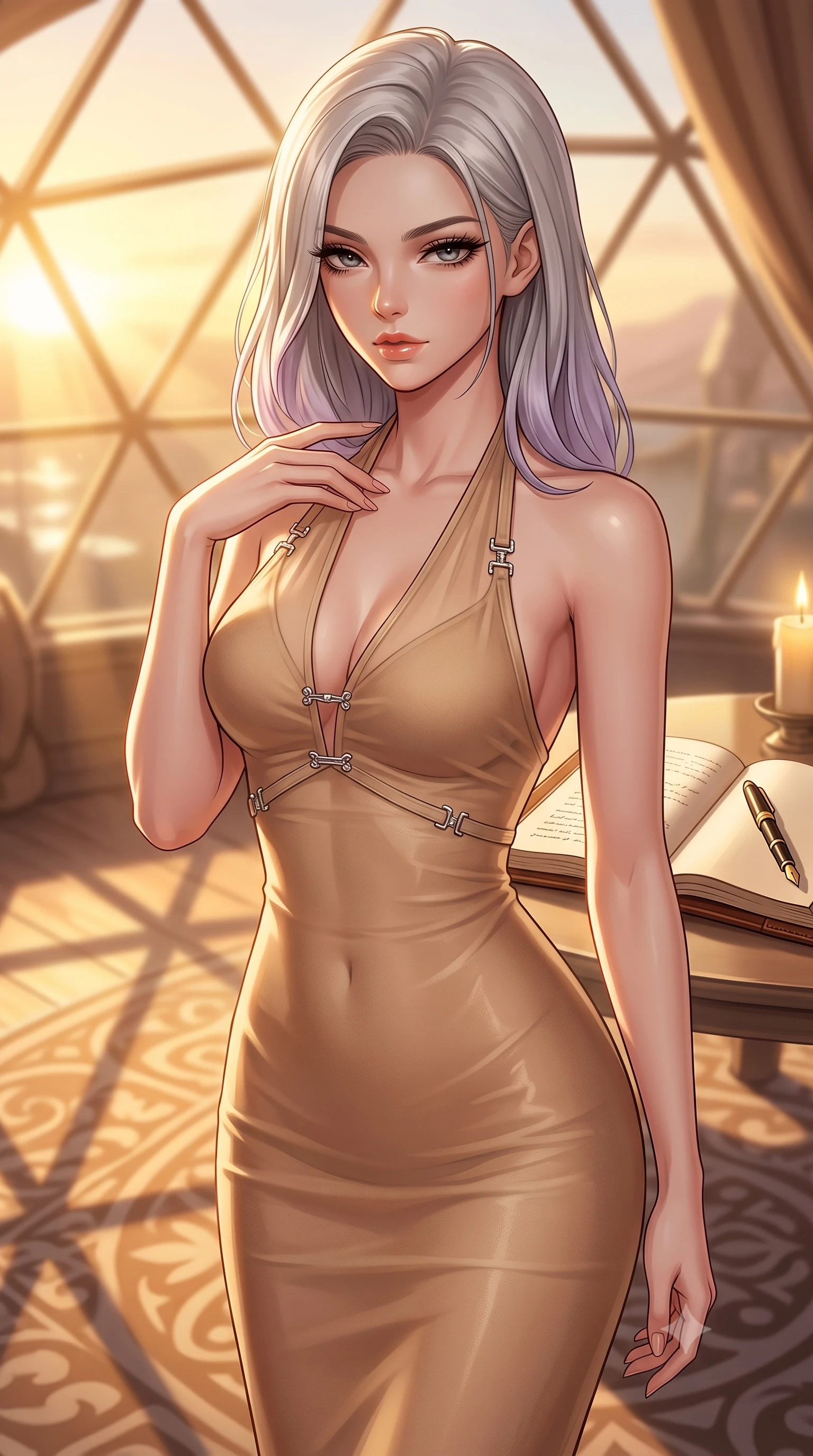 score_9, masterpiece, best quality, ultra-detailed, high-budget anime keyframe, editorial fashion photography, tasteful artistic composition, Caucasian woman. close-up cowboy shot from the waist and thighs up, the character dominates the composition, filling the frame with her large presence, background elements kept in soft focus. gently tracing her fingertips along her bare collarbone, casting a sultry gaze beneath long dark eyelashes set against a soft-focus background of inside an exclusive geodesic dome with an open leather journal and a gold fountain pen sitting next to a candle. She has an exceptionally elegant, slender, and willowy female figure with an ultra-slim waist, a gracefully sculpted slender torso, and a refined silhouette. sharp v-shaped jawline, high-bridge nose, intricate jewel-like eyes with depth, thick eyelashes, glossy lips with a natural sheen. wearing body-hugging warm beige sheer organza form-contouring cashmere halter dress tracing her statuesque physique accented with delicate silver hardware. bathed in warm golden hour sunbeams that cast long, romantic shadows across the floor. highly saturated vibrant anime colors, detailed shading with soft gradients, rich glossy textures, high-contrast stereoscopic depth, volumetric dynamic lighting, master piece, 9:16 ratio