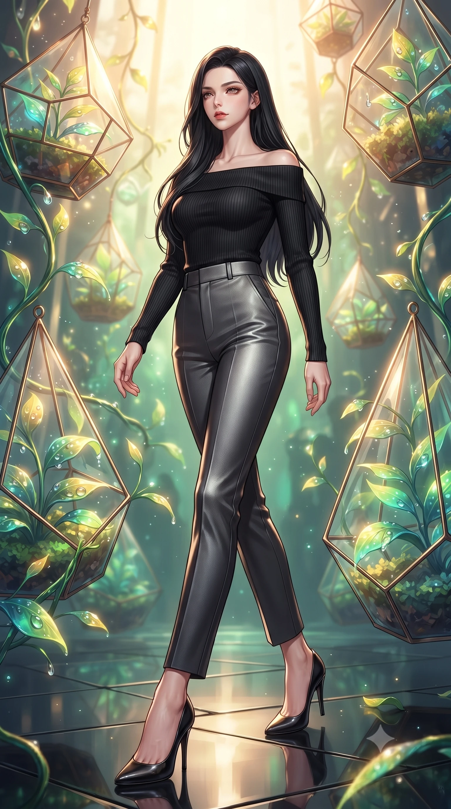 score_9, masterpiece, best quality, ultra-detailed, high-budget anime keyframe, editorial fashion photography, tasteful artistic composition, Korean woman. low angle full-body shot from head to toe showing her feet, filling the entire 9:16 vertical frame with her statuesque presence, stretching her vertical silhouette. navigating the luminous space with effortless poise, displaying her perfect model proportions surrounded by floating glass terrariums and radiant biomorphic vines, dewdrops on bioluminescent leaves reflecting vibrant emerald and gold. She has an absolutely perfect, statuesque 8.5-heads proportion, an exceptionally tall and slender model-like female figure with impossibly long slender legs and an ultra-slim waist. sharp v-shaped jawline, high-bridge nose, intricate jewel-like eyes with depth, thick eyelashes, glossy lips with a natural sheen. wearing a sleek off-shoulder ribbed cashmere knit top paired with high-waist tailored pants, the glove-like fit emphasizing her statuesque silhouette. bathed in warm golden sunlight and soft emerald bioluminescent glow. ultra-reflective glossy finish, specular highlights, metallic sheen, high-contrast stereoscopic depth, volumetric dynamic lighting, 2k, ultra detail, master piece, 9:16 ratio