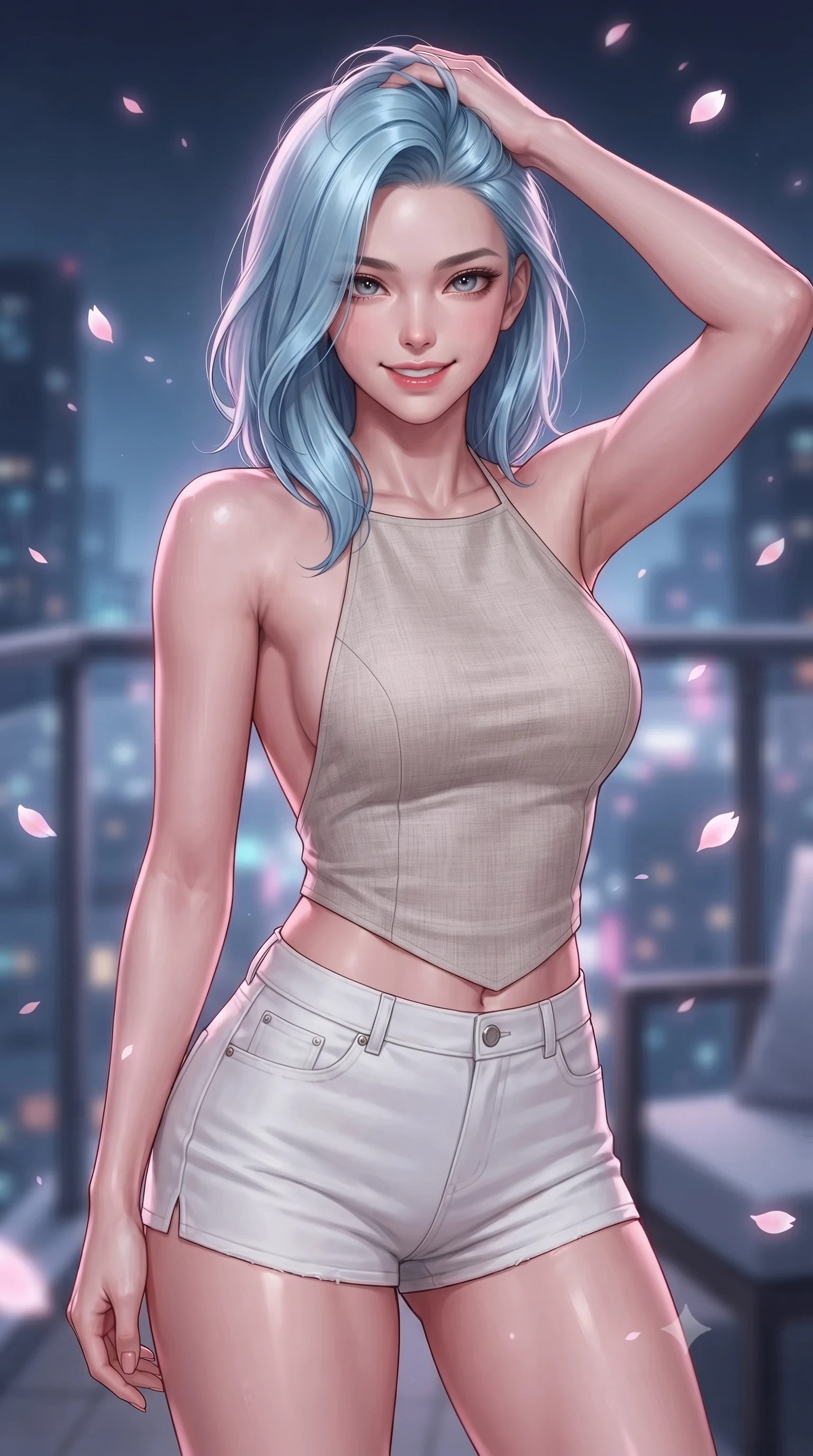 score_9, masterpiece, best quality, ultra-detailed, high-budget anime keyframe, editorial fashion photography, tasteful artistic composition, Korean woman. close-up cowboy shot from the waist and thighs up, the character dominates the composition, filling the frame with her large presence, background elements kept in soft focus. smiling with quiet, magnetic self-assurance directly into the camera, running a hand through her hair the background shows a soft-focus a quiet high-rise balcony with floating digital sakura petals drifting in the wind. She has an exceptionally elegant, slender, and willowy female figure with an ultra-slim waist, a gracefully sculpted slender torso, and a refined silhouette. sharp v-shaped jawline, high-bridge nose, intricate jewel-like eyes with depth, thick eyelashes, glossy lips with a natural sheen. wearing a slim-fit stylish linen halter top with an open-back design, paired with white micro-shorts. soft pink holographic glow blending with cool midnight city light. highly saturated vibrant anime colors, detailed shading with soft gradients, rich glossy textures, high-contrast stereoscopic depth, volumetric dynamic lighting, master piece, 9:16 ratio