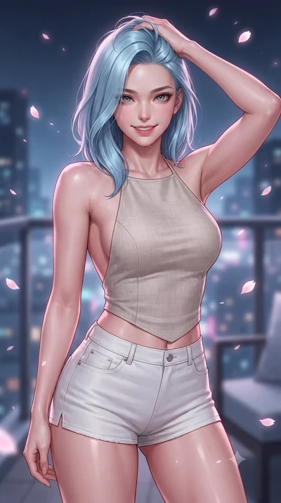 score_9, masterpiece, best quality, ultra-detailed, high-budget anime keyframe, editorial fashion photography, tasteful artistic composition, Korean woman. close-up cowboy shot from the waist and thighs up, the character dominates the composition, fi