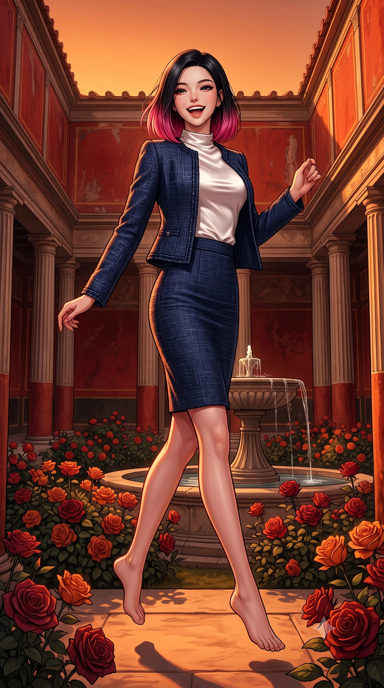 score_9, masterpiece, best quality, ultra-detailed, high-budget anime keyframe, editorial fashion photography, tasteful artistic composition, Korean woman. low angle full-body shot from head to toe showing her feet, filling the entire 9:16 vertical frame with her statuesque presence, stretching her vertical silhouette. leaping gracefully with a bright, joyful laugh through inside a preserved Roman villa courtyard with red frescoed walls and columns, with rare volcanic ash roses blooming around a stone fountain. She has a statuesque 8.5-heads proportion, an exceptionally tall, slender and willowy model-like build with impossibly long legs and a highly sculpted ultra-slim waist. sharp v-shaped jawline, high-bridge nose, intricate jewel-like eyes with depth, thick eyelashes, glossy lips with a natural sheen. wearing a navy blue tweed jacket over a white satin mock-neck top, paired with a matching navy blue pencil skirt. warm low-angle sunset casting a deep orange and amber glow, highlighting the rich red walls and casting long dramatic shadows. 2k, ultra detail, master piece, 9:16 ratio