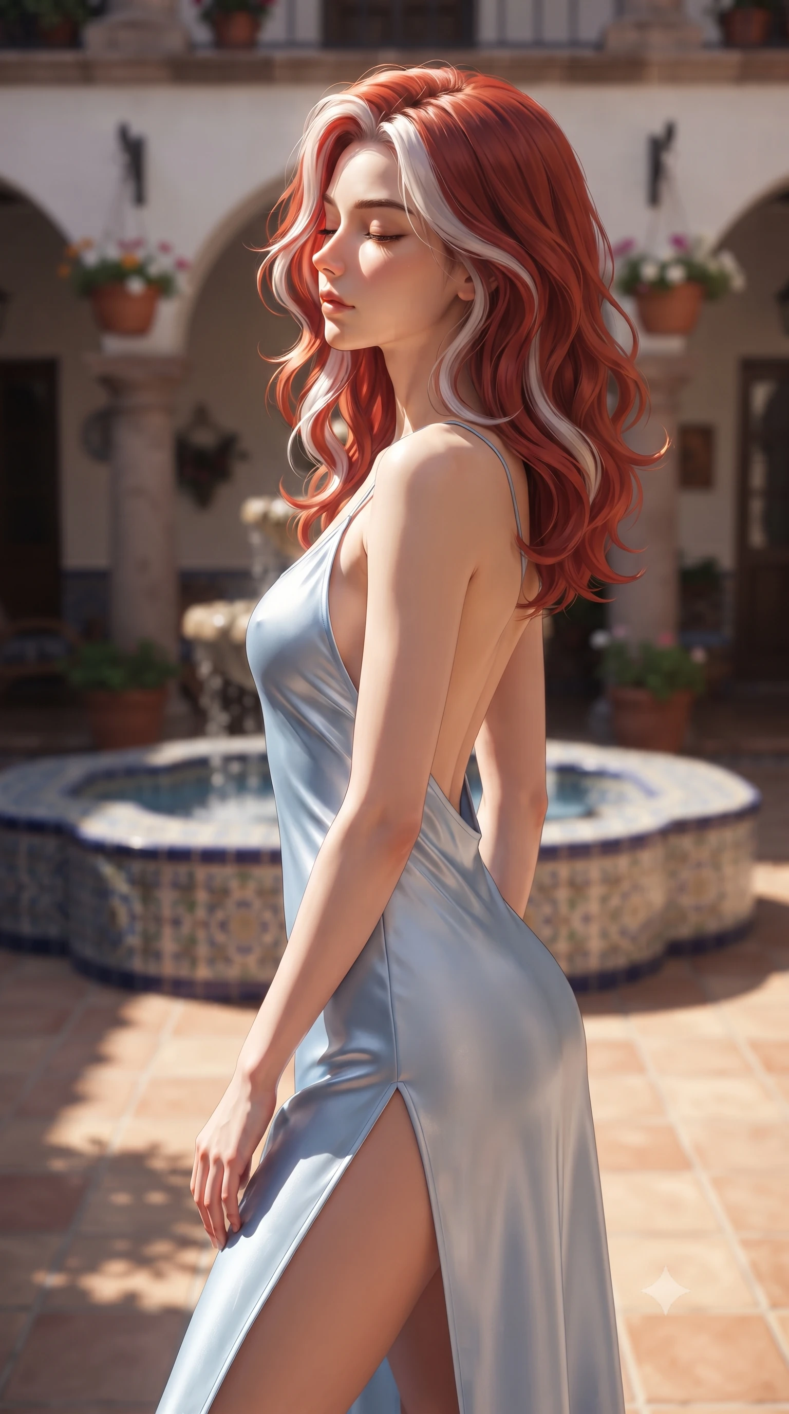score_9, masterpiece, best quality, ultra-detailed, high-budget anime keyframe, editorial fashion photography, tasteful artistic composition, Caucasian woman woman. close-up cowboy shot from the waist and thighs up, the character dominates the composition, filling the frame with her large presence, background elements kept in soft focus. turning her face in profile to catch the warm sunlight on her cheek, eyes softly closed the background shows a soft-focus a central courtyard with a tiled fountain, arches, and hanging flower pots. She has an exceptionally elegant, slender, and willowy female figure with an ultra-slim waist, a gracefully sculpted slender torso, and a refined silhouette. sharp v-shaped jawline, high-bridge nose, intricate jewel-like eyes with depth, thick eyelashes, glossy lips with a natural sheen. wearing a tailored lightweight silk slip dress in baby blue with a high side slit and a low-cut back. bright afternoon sunbeams casting high-contrast arch shadows on the tiled floor. ultra-reflective glossy finish, specular highlights, metallic sheen, high-contrast stereoscopic depth, volumetric dynamic lighting, 2k, ultra detail, master piece, 9:16 ratio