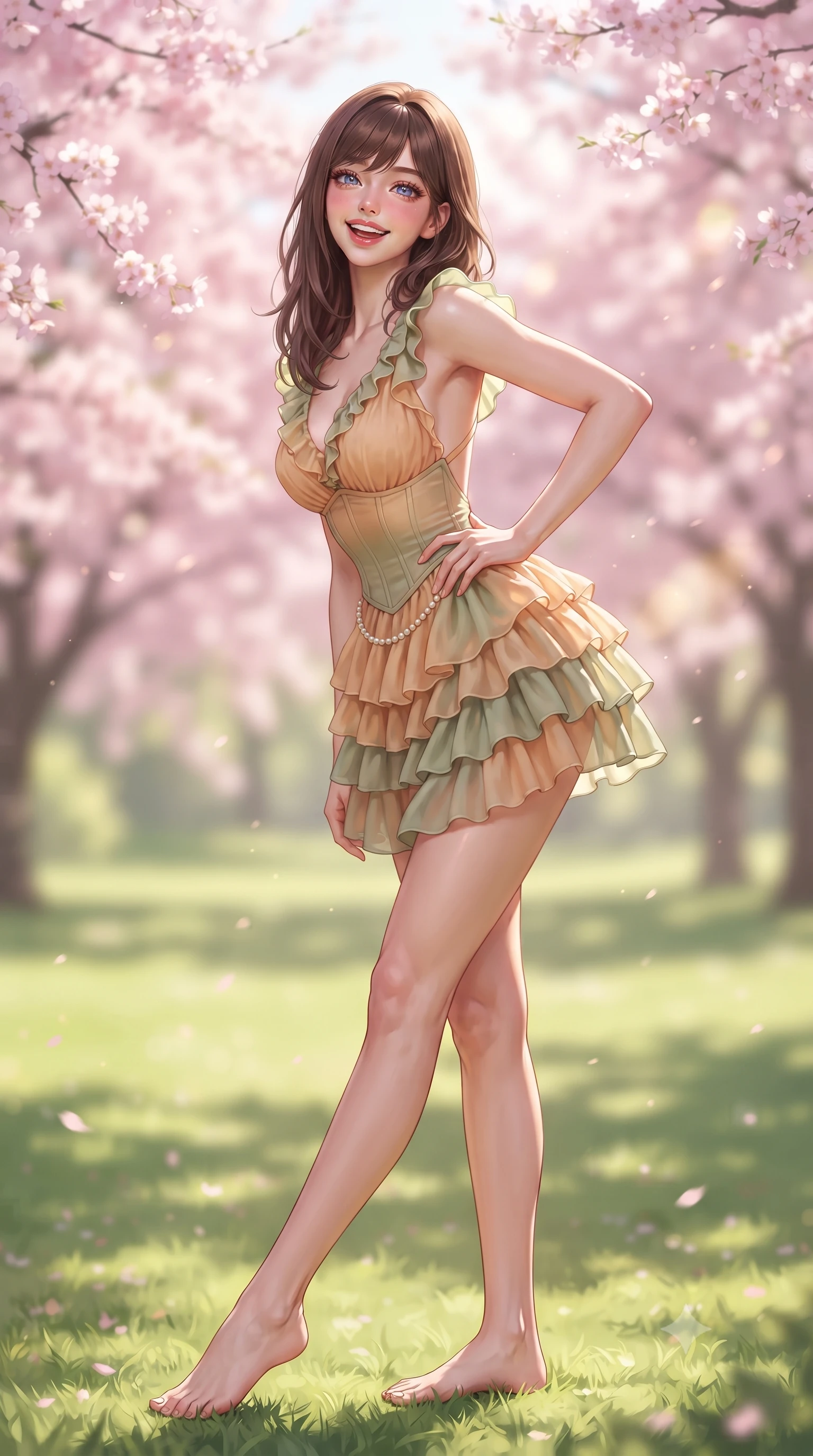 score_9, masterpiece, best quality, ultra-detailed, high-budget anime keyframe, editorial fashion photography, tasteful artistic composition, Korean woman. close-up cowboy shot from the waist and thighs up, the character dominates the composition, filling the frame with her large presence. twisting her slender torso in an alluring contrapposto stance, one hand resting on her sculpted hip while flashing a radiant, playful smile with parted glossy lips while walking barefoot along the soft green grass, twisting her slender torso in an alluring contrapposto stance with a joyful, beaming expression. The composition keeps background elements in soft focus with dreamy creamy bokeh. cascading pink cherry blossom canopies and sunlit green lawns blurred into soft sakura-pink, lime, and golden sunbeam bokeh. She has an exceptionally elegant, slender, and willowy female figure with an ultra-slim waist, flat toned midriff, narrow ribcage, and sculpted feminine hips creating an alluring, slim hourglass silhouette without bulk. sharp v-shaped jawline, high-bridge nose, intricate jewel-like sparkling eyes with depth, thick eyelashes, glossy parted lips with a natural peach sheen, bright cheerful beaming smile with an enchanting and coquettish sensual glint, exuding both youthful cute charm and seductive allure, flawlessly proportioned anatomical accuracy, strict slender model proportions, natural body alignment, perfectly sculpted long slender limbs, ultra-slim waistline, clean dynamic posture without body distortion. wearing a tiered ruffled chiffon mini dress with a fitted corseted waist and open back in soft apricot and sage green, crafted from soft breathable linen with effortless natural drape, accented with a dainty pearl waist chain catching the ambient sunlight, the liquid-tight tailored fabric clinging flawlessly to her narrow waist and rounded feminine hips, emphasizing every millimeter of her sculpted slim hourglass curves without any bulky heaviness. illuminated by soft grass bounce light contouring her sculpted collarbones, ultra-slim waist, and curvy hips. ultra-reflective glossy finish, specular highlights, rich textural contrasts, high-contrast stereoscopic depth, volumetric dynamic lighting, 2k, ultra detail, master piece, 9:16 ratio