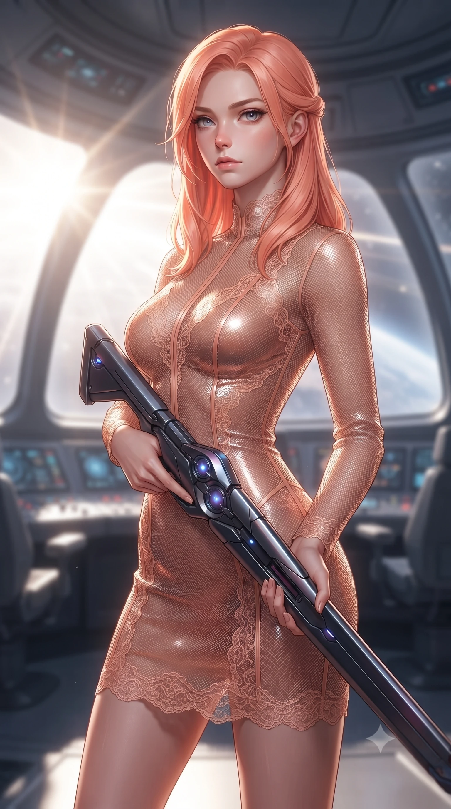 score_9, masterpiece, best quality, ultra-detailed, high-budget anime keyframe, editorial fashion photography, tasteful artistic composition, Japanese woman. close-up cowboy shot from the waist and thighs up, the character dominates the composition, filling the frame with her large presence, background elements kept in soft focus. holding a deactivated nanotech glaive, looking past the camera with quiet, sharp focus and a composed expression, the background shows a soft-focus a solar sail ship bridge with curved panoramic windows showing solar flares. She has an exceptionally elegant, slender, and willowy female figure with an ultra-slim waist, a gracefully sculpted slender torso, and a refined silhouette. sharp v-shaped jawline, high-bridge nose, intricate jewel-like eyes with depth, thick eyelashes, glossy lips with a natural sheen. wearing a tailored semi-transparent mesh combat dress in peach, contouring her slender silhouette with delicate lace detailing. dazzling white solar radiation rays refracting through triple-glazed glass. ultra-reflective glossy finish, specular highlights, metallic sheen, high-contrast stereoscopic depth, volumetric dynamic lighting, 2k, ultra detail, master piece, 9:16 ratio