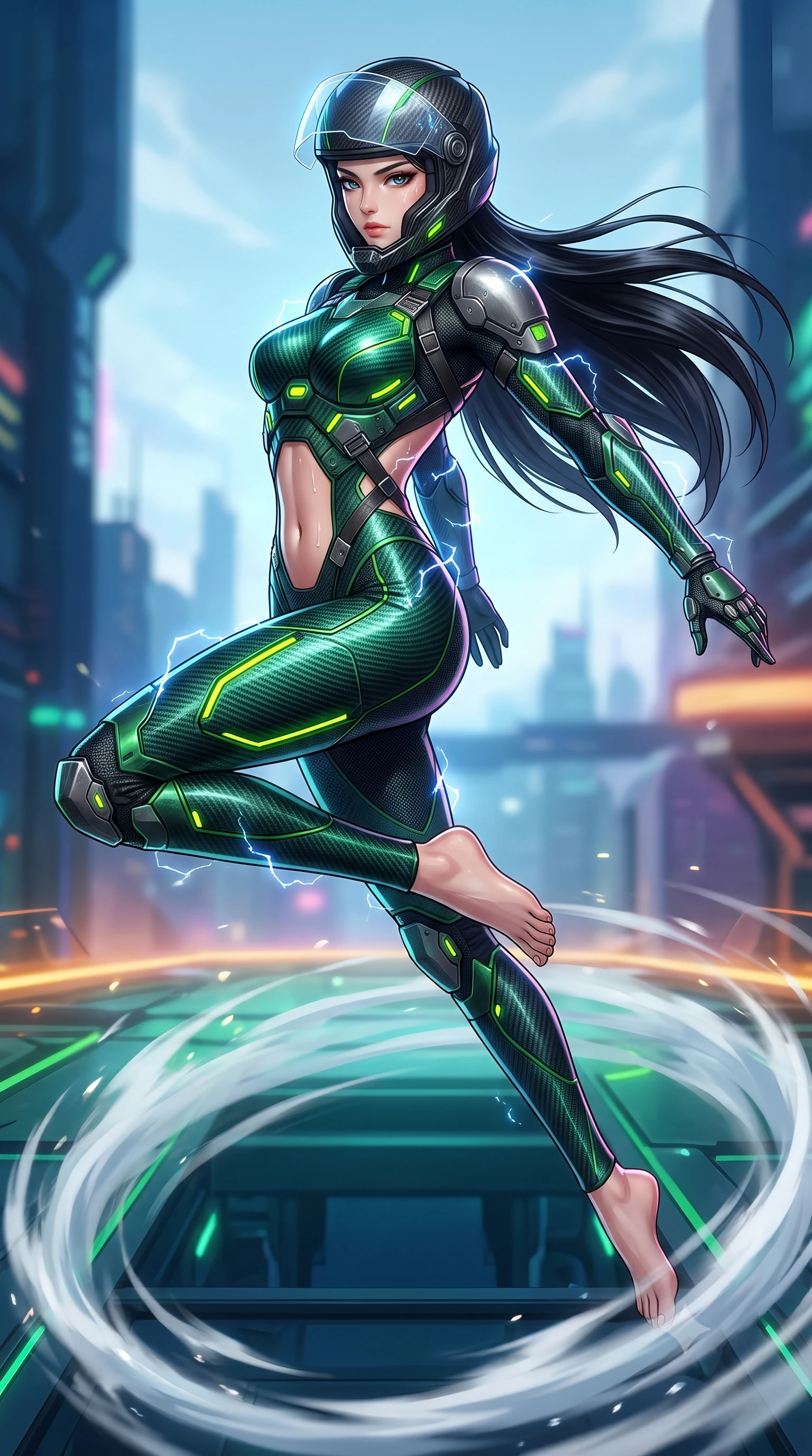 score_9, masterpiece, best quality, ultra-detailed, high-budget anime keyframe, semi-realistic 3D game render, editorial fashion photography, tasteful artistic composition, Korean woman. low angle full-body shot from head to toe showing her feet, filling the entire 9:16 vertical frame with her statuesque presence, stretching her vertical silhouette. leaping into mid-air with an athletic yet alluring arch of her spine, driving a downward kinetic strike surrounded by a ring of displaced air while arching her spine in a fluid zero-gravity recovery leap with arms outstretched as electrical sparks dance across her armor. The surrounding environment is rendered in vivid detail and crisp panoramic clarity. intricate carbon armor composite grain, sweat glistening on bare collarbones, and armor buckles in high clarity. She has an absolutely perfect, statuesque 8.5-heads proportion, an exceptionally tall and slender model-like female figure with impossibly long slender legs, a toned flat midriff, and an ultra-slim waist. sharp v-shaped jawline, high-bridge nose, intricate jewel-like eyes with depth, thick eyelashes, glossy lips with a natural sheen, fierce and resolute heroine expression, flawlessly proportioned anatomical accuracy, strict slender model proportions, natural body alignment, perfectly sculpted long slender limbs, ultra-slim waistline, clean dynamic posture without body distortion. wearing an open-face aerodynamic carbon-fiber combat helmet with a retracted transparent holographic HUD visor framing her sharp jawline and jewel-like eyes, paired with a heavy modular carbon-fiber combat cuirass paired with a second-skin tactical leotard and reinforced titanium shoulder pauldrons in toxic emerald green carbon composite with glowing lime warning channels, crafted from ultra-strong woven carbon-fiber composite with battle-tested satin luster, complemented by criss-cross back harness straps highlighting her completely bare spine, the form-contouring material adhering flawlessly to her sculpted flat midriff and slender torso, emphasizing her long leg lines and perfectly proportioned willowy build. illuminated by crisp directional rim lights sharply defining her ultra-slim waist, long legs, and flat midriff. rich saturated anime colors with glowing neon highlights, detailed shading with soft gradients, rich glossy textures, high-contrast stereoscopic depth, volumetric dynamic lighting, master piece, 9:16 ratio