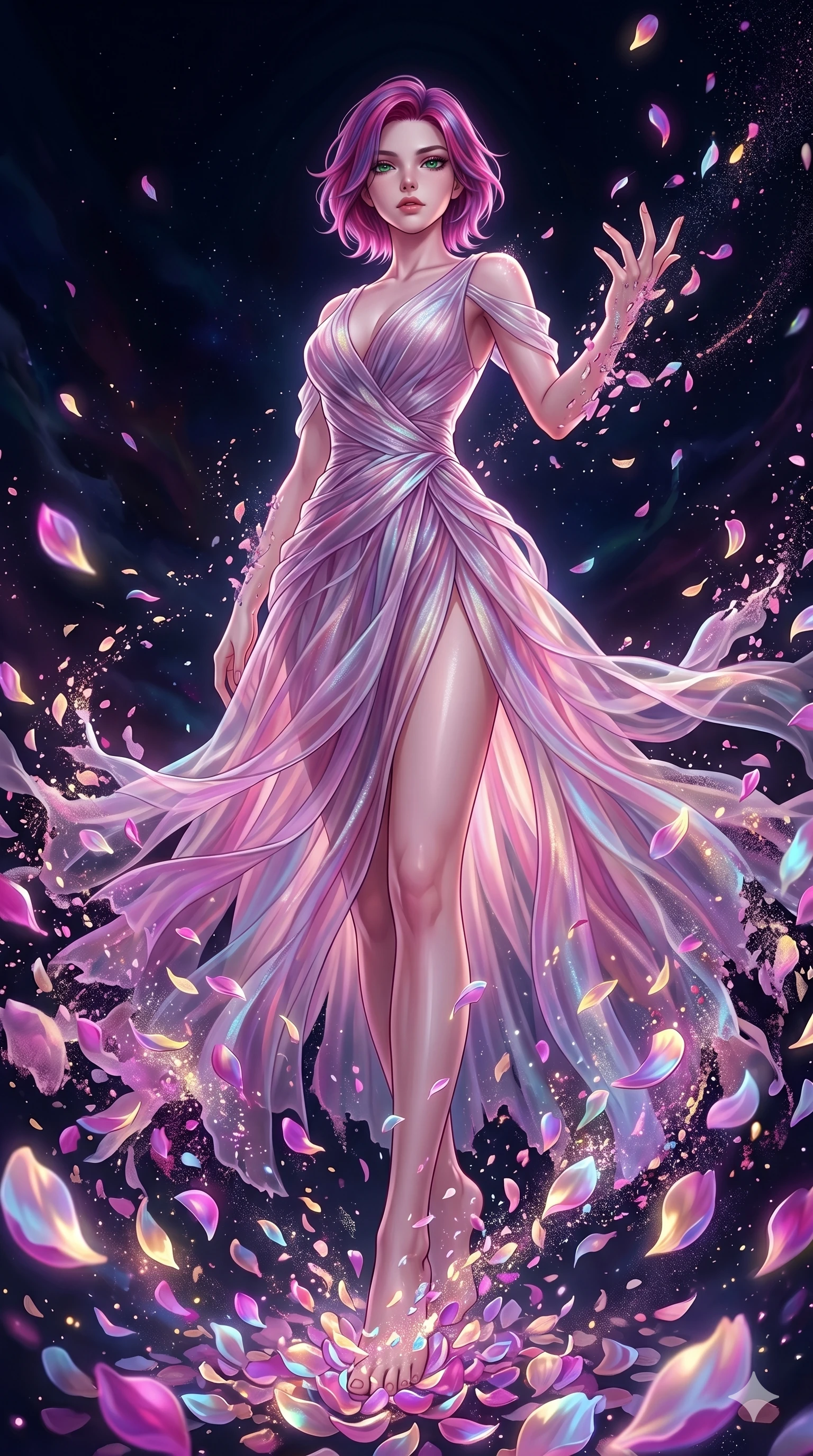 score_9, masterpiece, best quality, ultra-detailed, High-budget Anime Keyframe, East Asian woman. Low angle cowboy shot filling the entire 9:16 frame with her statuesque presence. Scenario 271: Dissolving into a cloud of iridescent silk petals in a void. Her presence is magnetic and overpowering in this high-budget anime scene. Outfit 271: A shimmering chiffon dangerous with a thigh-high slit and translucent layers. The clothing is designed to emphasize her exceptionally tall and slender 8-heads proportion. 8-heads proportion, towering silhouette, ultra-slim waist. sharp v-shaped jawline, intricate jewel-like eyes with depth, thick eyelashes, glossy lips. 2k, ultra detail, master piece, 9:16 ratio