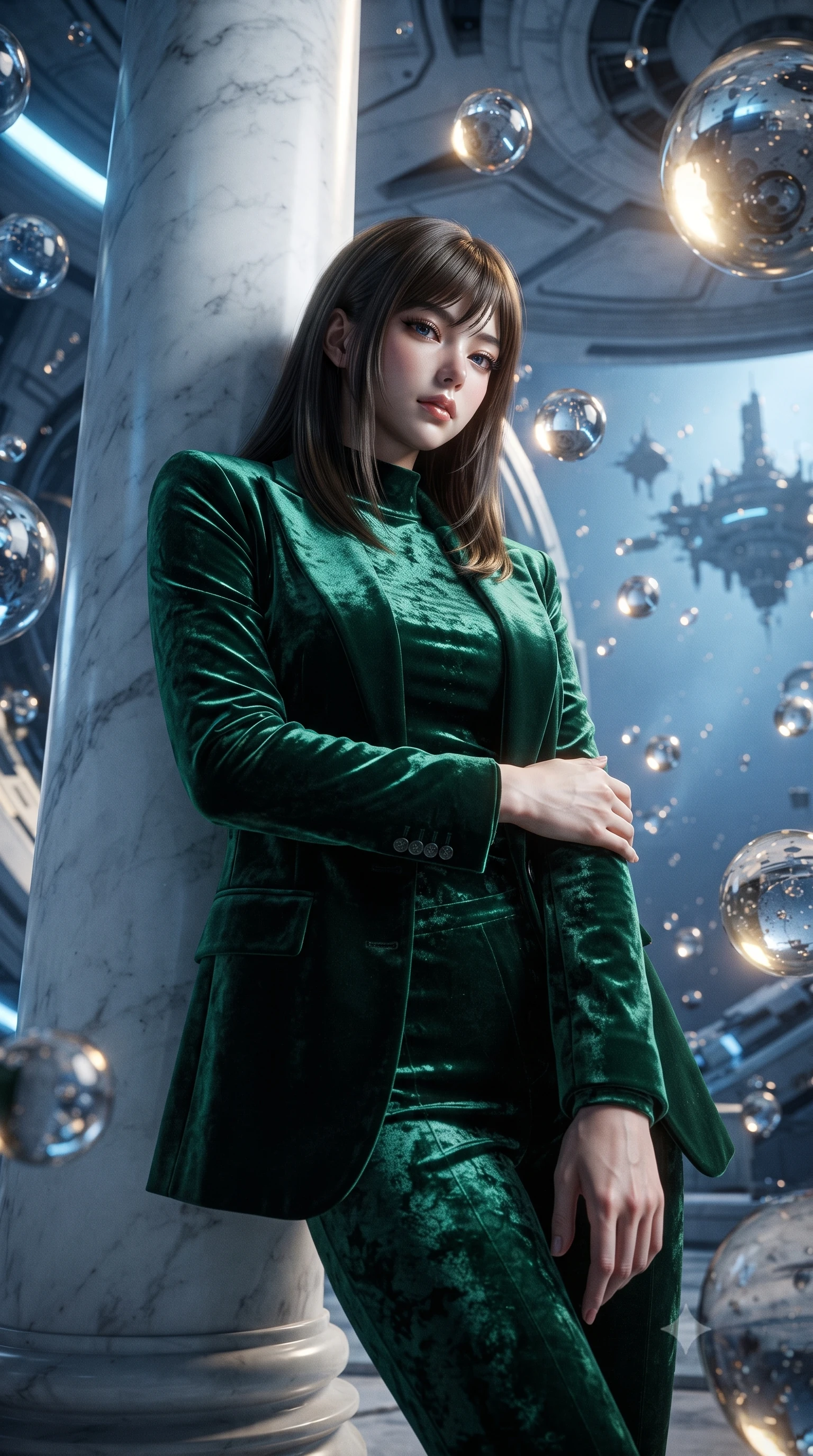 score_9, masterpiece, best quality, ultra-detailed, High-budget Anime Keyframe, editorial fashion photography, tasteful artistic composition, realistic cosplay photography, East Asian woman. Low angle cowboy shot filling the entire 9:16 frame with her statuesque presence. Scenario 438: leaning against a cold marble pillar inside a zero-gravity sanctuary filled with floating water spheres. Her presence is magnetic and overpowering in this high-budget cinematic scene. Outfit 438: a body-hugging emerald green crushed velvet jacket layered under a structured velvet blazer. The clothing is designed to emphasize her exceptionally tall and slender 8-heads proportion. 8-heads proportion, towering silhouette, ultra-slim waist. sharp v-shaped jawline, intricate jewel-like eyes with depth, thick eyelashes, glossy lips. ultra-reflective glossy finish, specular highlights, metallic sheen, high-contrast stereoscopic depth, volumetric dynamic lighting, 2k, ultra detail, master piece, 9:16 ratio