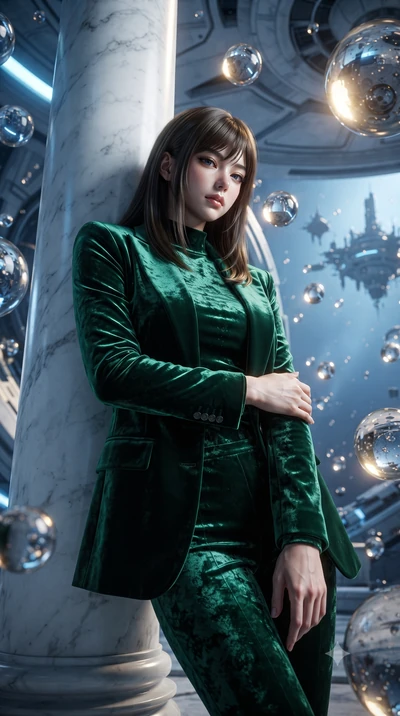 score_9, masterpiece, best quality, ultra-detailed, High-budget Anime Keyframe, editorial fashion photography, tasteful artistic composition, realistic cosplay photography, East Asian woman. Low angle cowboy shot filling the entire 9:16 frame with he