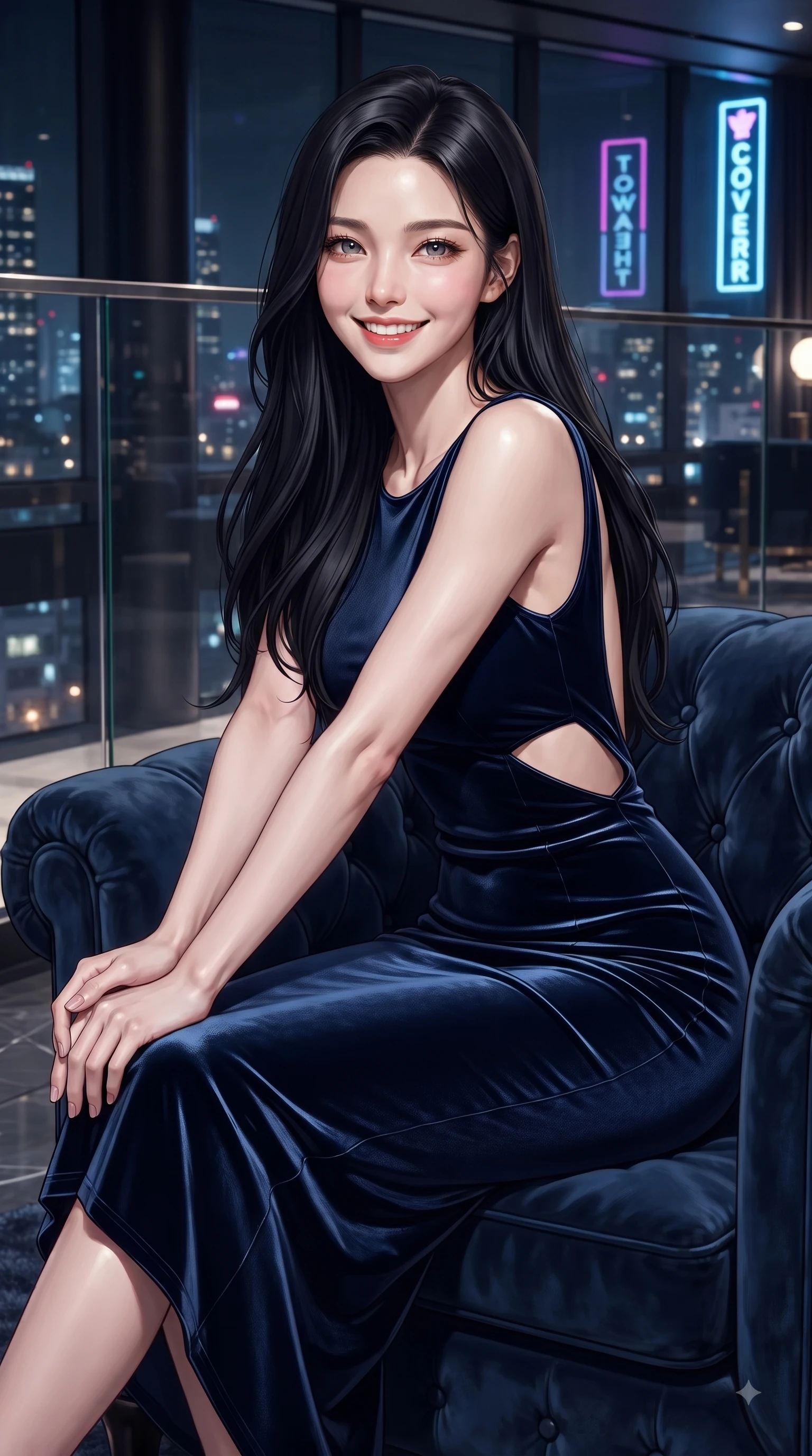 score_9, masterpiece, best quality, ultra-detailed, high-budget anime keyframe, editorial fashion photography, tasteful artistic composition, Korean woman. close-up cowboy shot from the waist and thighs up, the character dominates the composition, filling the frame with her large presence, background elements kept in soft focus. Cheerful beaming smile with sparkling eyes and a fresh girlhood aura, leaning forward with playful grace while lounging in a velvet armchair inside a high-end designer showroom with a smoldering smile, glistening city skyline lights and neon tower signs twinkling softly through glass railings. She has an exceptionally elegant, slender, and willowy female figure with an ultra-slim waist, a gracefully sculpted slender torso, and a refined silhouette. sharp v-shaped jawline, high-bridge nose, intricate jewel-like eyes with depth, thick eyelashes, glossy lips with a natural sheen, flawlessly proportioned anatomical accuracy, natural body alignment, perfectly sculpted elegant limbs, clean dynamic posture without body distortion. wearing a precision-fitted liquid jersey bodycon dress with a graceful draped back in midnight navy blue and chrome trim, made of premium stretch velvet with a rich sheen, featuring clean architectural cutouts along her slender torso, the sleek second-skin texture accentuating her magnetic presence. surrounded by a sophisticated, high-fashion nightlife aura. ultra-reflective glossy finish, specular highlights, metallic sheen, high-contrast stereoscopic depth, volumetric dynamic lighting, 2k, ultra detail, master piece, 9:16 ratio