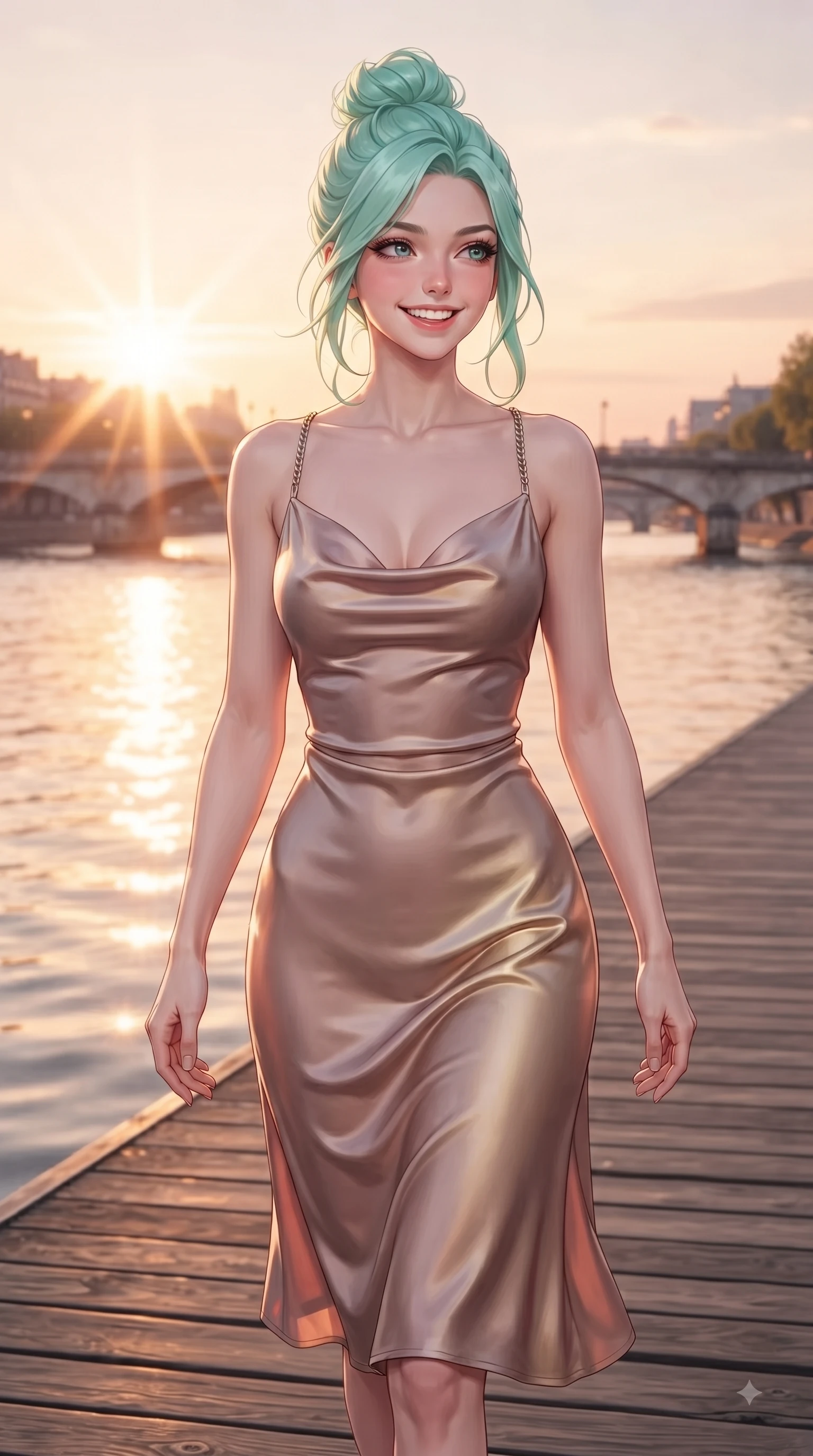 score_9, masterpiece, best quality, ultra-detailed, high-budget anime keyframe, editorial fashion photography, tasteful artistic composition, Japanese woman. close-up cowboy shot from the waist and thighs up, the character dominates the composition, filling the frame with her large presence, background elements kept in soft focus. Radiant youthful grin reflecting college charm while casting a playful, joyful side-gaze with heavy lashes while walking across a wooden river pier as golden hour sunbursts reflect off calm water, warm rose-gold and amber sunset light reflecting off calm river waters and city bridges. She has an exceptionally elegant, slender, and willowy female figure with an ultra-slim waist, a gracefully sculpted slender torso, and a refined silhouette. sharp v-shaped jawline, high-bridge nose, intricate jewel-like eyes with depth, thick eyelashes, glossy lips with a natural sheen, flawlessly proportioned anatomical accuracy, natural body alignment, perfectly sculpted elegant limbs, clean dynamic posture without body distortion. wearing an elegant cowl-neck satin midi dress with a graceful draped neckline in dusty rose and champagne gold, crafted from lustrous satin jersey with fluid draping, adorned with delicate metallic chain straps along the neckline, the glove-like fit emphasizing her statuesque silhouette during motion. surrounded by a serene, uplifting, and romantic riverside park ambiance. ultra-reflective glossy finish, specular highlights, metallic sheen, high-contrast stereoscopic depth, volumetric dynamic lighting, 2k, ultra detail, master piece, 9:16 ratio