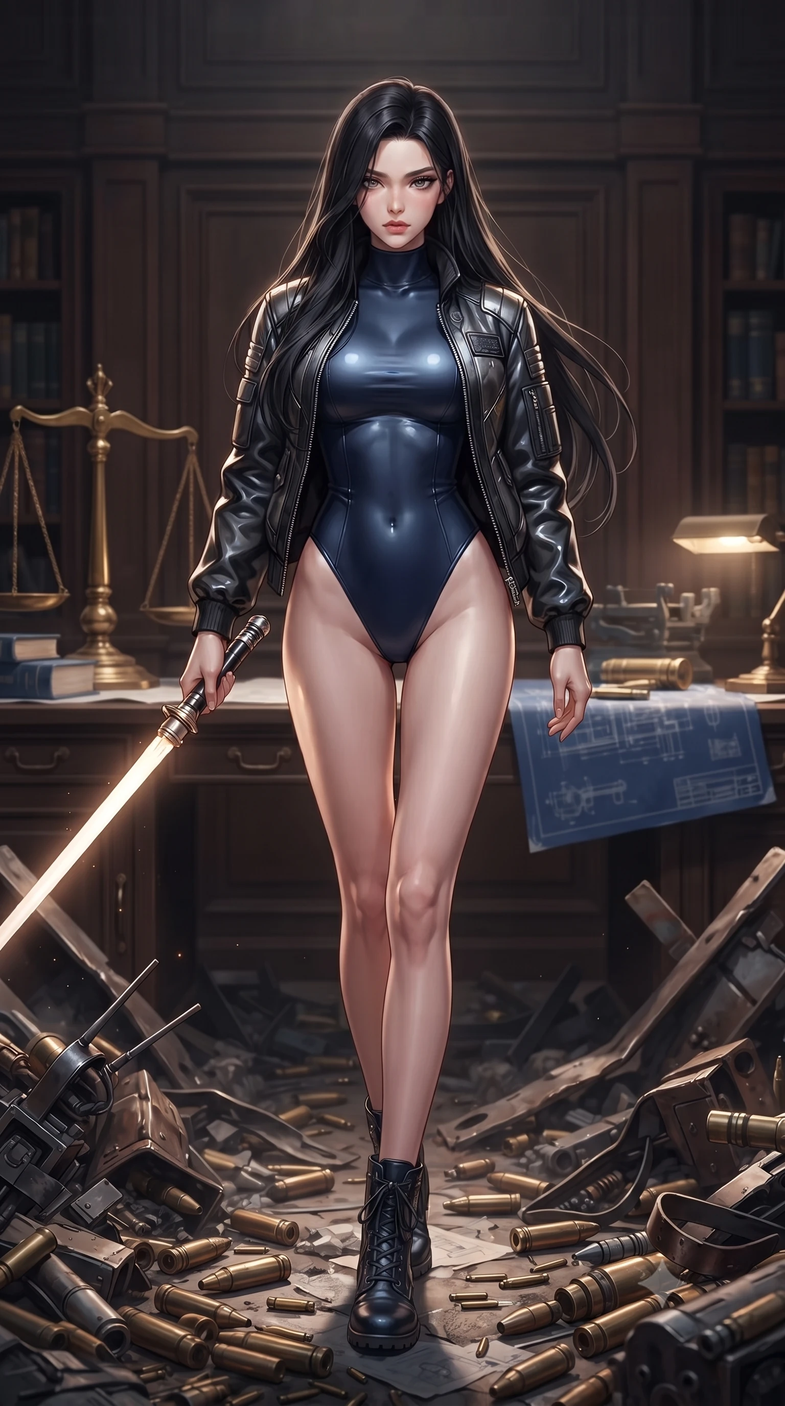 score_9, masterpiece, best quality, ultra-detailed, high-budget anime keyframe, editorial fashion photography, tasteful artistic composition, Korean woman. low angle full-body shot from head to toe showing her feet, filling the entire 9:16 vertical frame with her statuesque presence, stretching her vertical silhouette. stepping gracefully through battlefield debris with a glowing saber hilt in hand, looking back over her shoulder, the background shows a soft-focus a foundry library room with wood panels, brass scales, and technical blue prints. She has an absolutely perfect, statuesque 8.5-heads proportion, an exceptionally tall and slender model-like female figure with impossibly long slender legs and an ultra-slim waist. sharp v-shaped jawline, high-bridge nose, intricate jewel-like eyes with depth, thick eyelashes, glossy lips with a natural sheen. wearing a slim-fit form-contouring high-neck bodysuit in midnight blue, worn under an open carbon-plated flight jacket. soft warm glow from reading lamps creating a quiet and meditative mood. ultra-reflective glossy finish, specular highlights, metallic sheen, high-contrast stereoscopic depth, volumetric dynamic lighting, 2k, ultra detail, master piece, 9:16 ratio