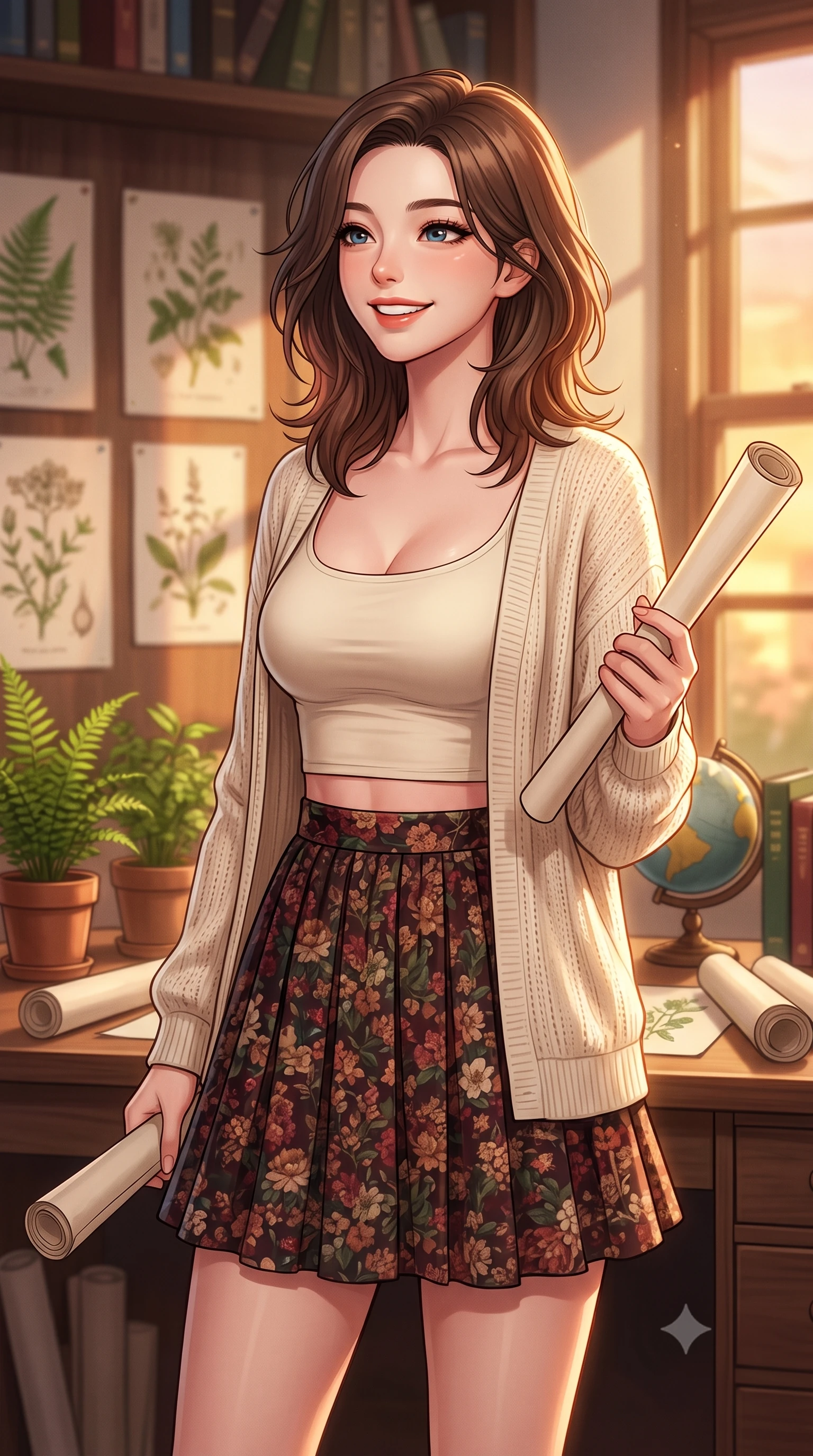 score_9, masterpiece, best quality, ultra-detailed, high-budget anime keyframe, editorial fashion photography, tasteful artistic composition, Korean woman. close-up cowboy shot from the waist and thighs up, the character dominates the composition, filling the frame with her large presence, background elements kept in soft focus. gazing past the camera with a happy, bright expression and a warm smile set against a soft-focus background of at a study desk in a botanical library filled with botanical drawings and potted ferns with a small desk globe and paper rolls arranged on the study table. She has an exceptionally elegant, slender, and willowy female figure with an ultra-slim waist, a gracefully sculpted slender torso, and a refined silhouette. sharp v-shaped jawline, high-bridge nose, intricate jewel-like eyes with depth, thick eyelashes, glossy lips with a natural sheen. wearing body-hugging crop top under an open knit cardigan, paired with a high-waist pleated A-line skirt. cozy golden hour sunset light illuminating the dusty bookshelves with a warm glow. highly saturated vibrant anime colors, detailed shading with soft gradients, rich glossy textures, high-contrast stereoscopic depth, volumetric dynamic lighting, master piece, 9:16 ratio