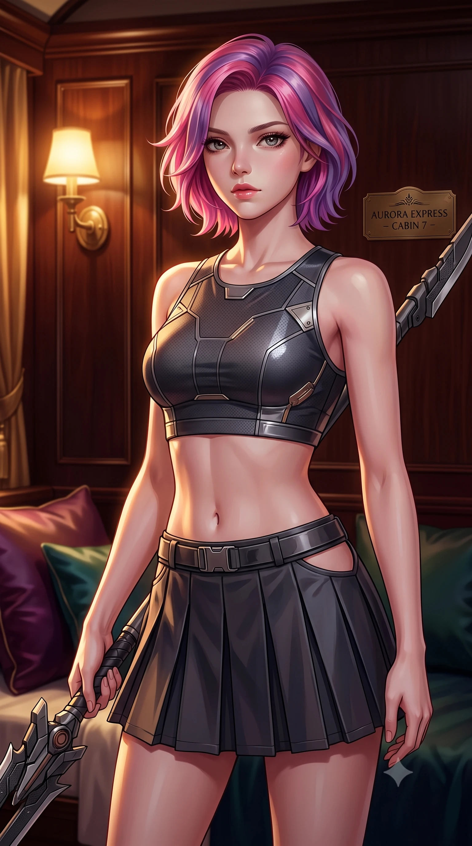 score_9, masterpiece, best quality, ultra-detailed, high-budget anime keyframe, editorial fashion photography, tasteful artistic composition, Caucasian woman. close-up cowboy shot from the waist and thighs up, the character dominates the composition, filling the frame with her large presence, background elements kept in soft focus. holding a deactivated nanotech glaive, looking past the camera with quiet, sharp focus and a composed expression, the background shows a soft-focus a luxury train sleeper cabin with dark mahogany panels and silk pillows. She has an exceptionally elegant, slender, and willowy female figure with an ultra-slim waist, a gracefully sculpted slender torso, and a refined silhouette. sharp v-shaped jawline, high-bridge nose, intricate jewel-like eyes with depth, thick eyelashes, glossy lips with a natural sheen. wearing a tailored modern carbon-alloy crop top paired with a low-rise tactical skirt and a subtle waist cut-out. warm golden lamplight casting cozy, intimate shadows on her outfit. highly saturated vibrant anime colors, detailed shading with soft gradients, rich glossy textures, high-contrast stereoscopic depth, volumetric dynamic lighting, master piece, 9:16 ratio