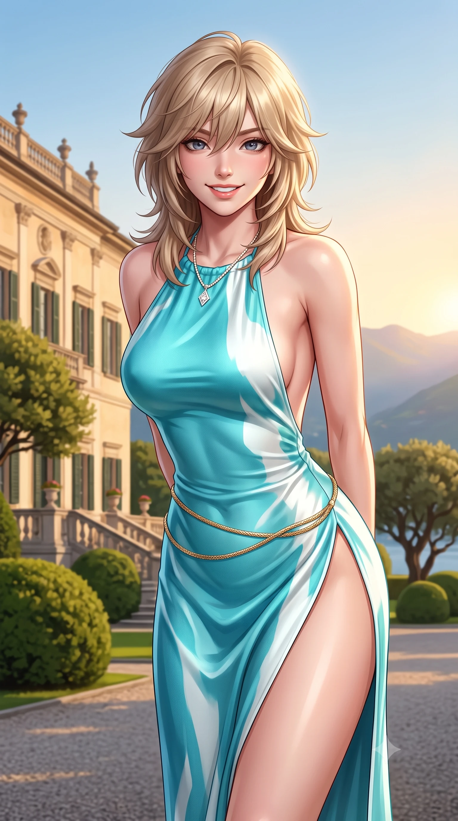score_9, masterpiece, best quality, ultra-detailed, high-budget anime keyframe, semi-realistic 3D game render, editorial fashion photography, tasteful artistic composition, Japanese woman. close-up cowboy shot from the waist and thighs up, the character dominates the composition, filling the frame with her large presence. resting both hands lightly behind her back while leaning toward the lens with a cheerful, teasing grin, her form-fitting outfit hugging her narrow waist and feminine hip curve while twisting her slender torso in an alluring contrapposto stance beside manicured holm oaks, her tailored resort silhouette highlighted by sunset. The surrounding environment is rendered in vivid detail and crisp panoramic clarity. detailed linen or silk fabric weave, diamond jewelry glints, and Italian historic villa architecture in high resolution. She has an exceptionally elegant, slender, and willowy female figure with an ultra-slim waist, flat toned midriff, narrow ribcage, and sculpted feminine hips creating an alluring, slim hourglass silhouette without bulk. sharp v-shaped jawline, high-bridge nose, sparkling amber-hazel eyes with depth, long lush eyelashes, glossy sun-kissed lips with a warm coral glaze, radiant teasing smile with sensual sunlit bedroom-eyes, exuding effortless old-money elegance and intoxicating sun-drenched allure, flawlessly proportioned anatomical accuracy, strict slender model proportions, natural body alignment, perfectly sculpted long slender limbs, ultra-slim waistline, clean dynamic posture without body distortion. wearing a backless liquid champagne silk halter maxi dress with an ultra-high thigh slit ascending to the hip in refreshing Aegean turquoise and crisp sea-salt white, crafted from fine lightweight breathable linen with an effortless natural drape, finished with a delicate gold snake chain belt resting loosely on her curvy hips, the liquid-tight tailored fabric clinging flawlessly to her narrow waist and rounded feminine hips, emphasizing every millimeter of her sculpted slim hourglass curves without any bulky heaviness. bathed in soft romantic evening light descending over the Como alpine basin. highly saturated vibrant anime colors, detailed shading with soft gradients, rich glossy textures, high-contrast stereoscopic depth, volumetric dynamic lighting, master piece, 9:16 ratio