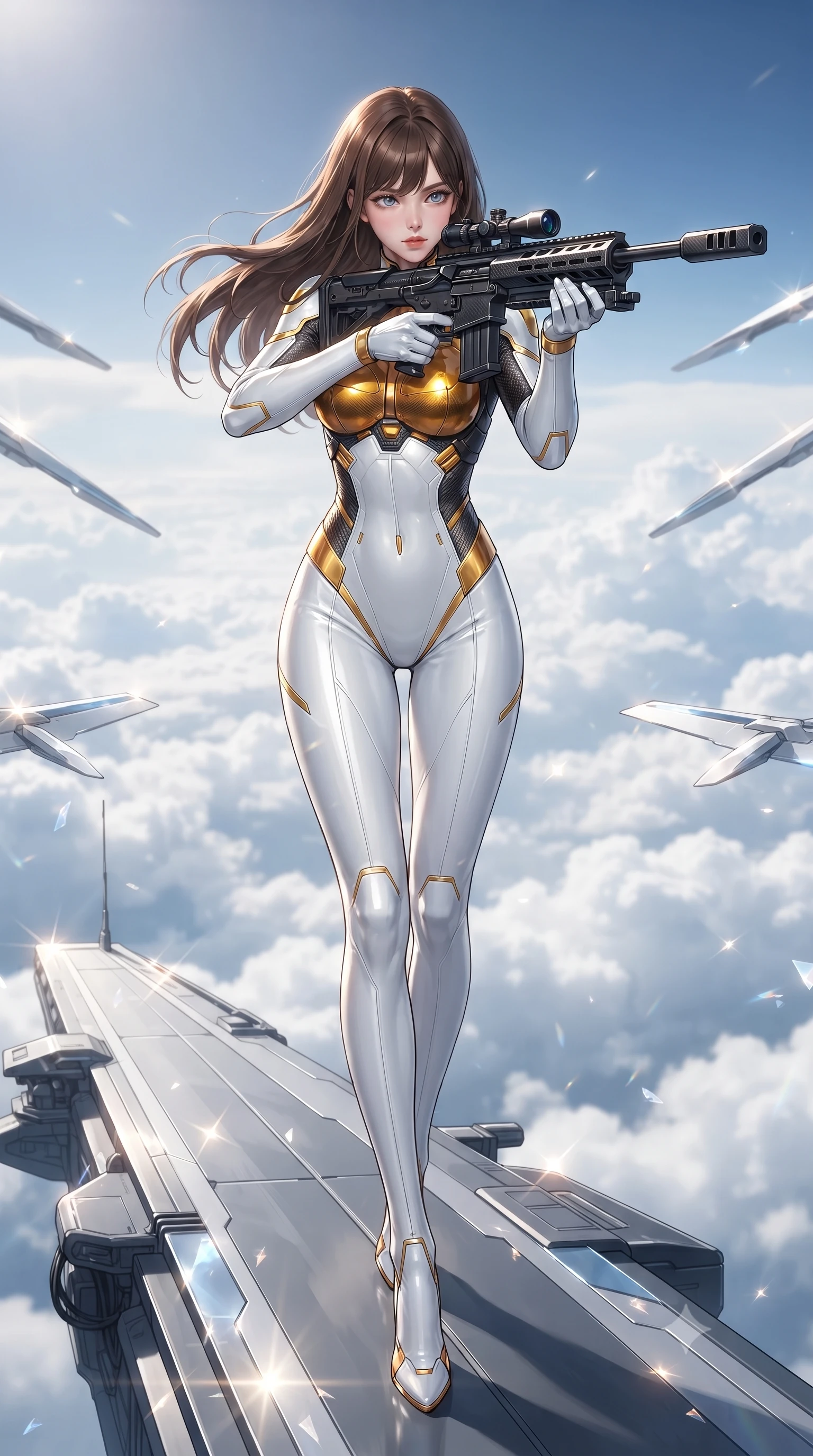 score_9, masterpiece, best quality, ultra-detailed, high-budget anime keyframe, editorial fashion photography, tasteful artistic composition, Korean woman. low angle full-body shot from head to toe showing her feet, filling the entire 9:16 vertical frame with her statuesque presence, stretching her vertical silhouette. striding forward with commanding supermodel grace, weapon held at the ready, her 8.5-heads statuesque silhouette dominating the vertical frame from head to toe while standing at the carrier prow overlooking an endless sea of white clouds with funnel blades hovering in deadly symmetry. The composition keeps background elements in soft focus with creamy bokeh. glistening nano-crystal blade facets scattering bright sun glints across a breathtaking sky backdrop. She has an absolutely perfect, statuesque 8.5-heads proportion, an exceptionally tall and slender model-like female figure with impossibly long slender legs, a toned flat midriff, and an ultra-slim waist. sharp v-shaped jawline, high-bridge nose, intricate jewel-like eyes with depth, thick eyelashes, glossy lips with a natural sheen, flawlessly proportioned anatomical accuracy, strict slender model proportions, natural body alignment, perfectly sculpted long slender limbs, ultra-slim waistline, clean dynamic posture without body distortion. wearing a form-contouring arctic white carbon-composite battle-suit with solar gold trim and diagonal midriff vents, aiming a precision carbon-fiber railgun sniper rifle with divine focus in molten amber-gold carbon cuirass with dark titanium weave, crafted from ultra-strong woven carbon-fiber composite with a satin luster, reinforced by a sleek titanium tactical harness and glowing micro-energy straps, the liquid-tight tailored fabric emphasizing every curve of her tall, slender model proportions and sculptured silhouette during dynamic movement. surrounded by an elevated, supreme, and radiantly commanding aerospace goddess aura. ultra-reflective glossy finish, specular highlights, dark metallic sheen, high-contrast stereoscopic depth, volumetric dynamic lighting, 2k, ultra detail, master piece, 9:16 ratio