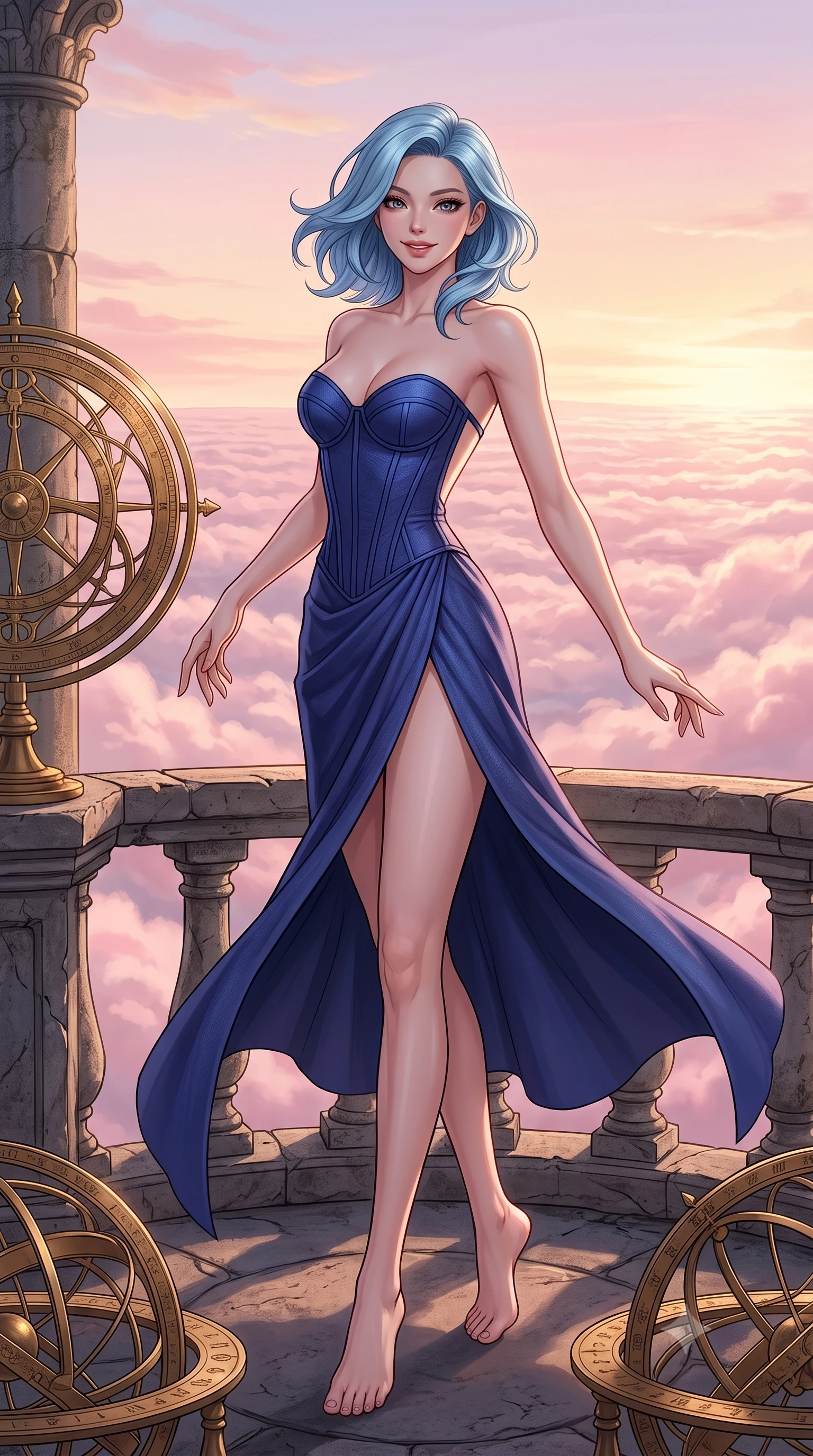 score_9, masterpiece, best quality, ultra-detailed, high-budget anime keyframe, editorial fashion photography, tasteful artistic composition, Korean woman. low angle full-body shot from head to toe showing her feet, filling the entire 9:16 vertical frame with her statuesque presence, stretching her vertical silhouette. pirouetting mid-air with a playful grin inside standing on the balcony of an ancient stone observatory with rotating brass astrolabes, looking out over a sea of pink-tinted clouds. She has a statuesque 8.5-heads proportion, an exceptionally tall, slender and willowy model-like build with impossibly long legs and a highly sculpted ultra-slim waist. sharp v-shaped jawline, high-bridge nose, intricate jewel-like eyes with depth, thick eyelashes, glossy lips with a natural sheen. wearing a structured bustier gown in deep indigo blue, featuring a boned bodice, a daring high front slit, and an open back. warm dawn light reflecting off the brass instruments, painting the sky in pastel hues of pink and gold. 2k, ultra detail, master piece, 9:16 ratio