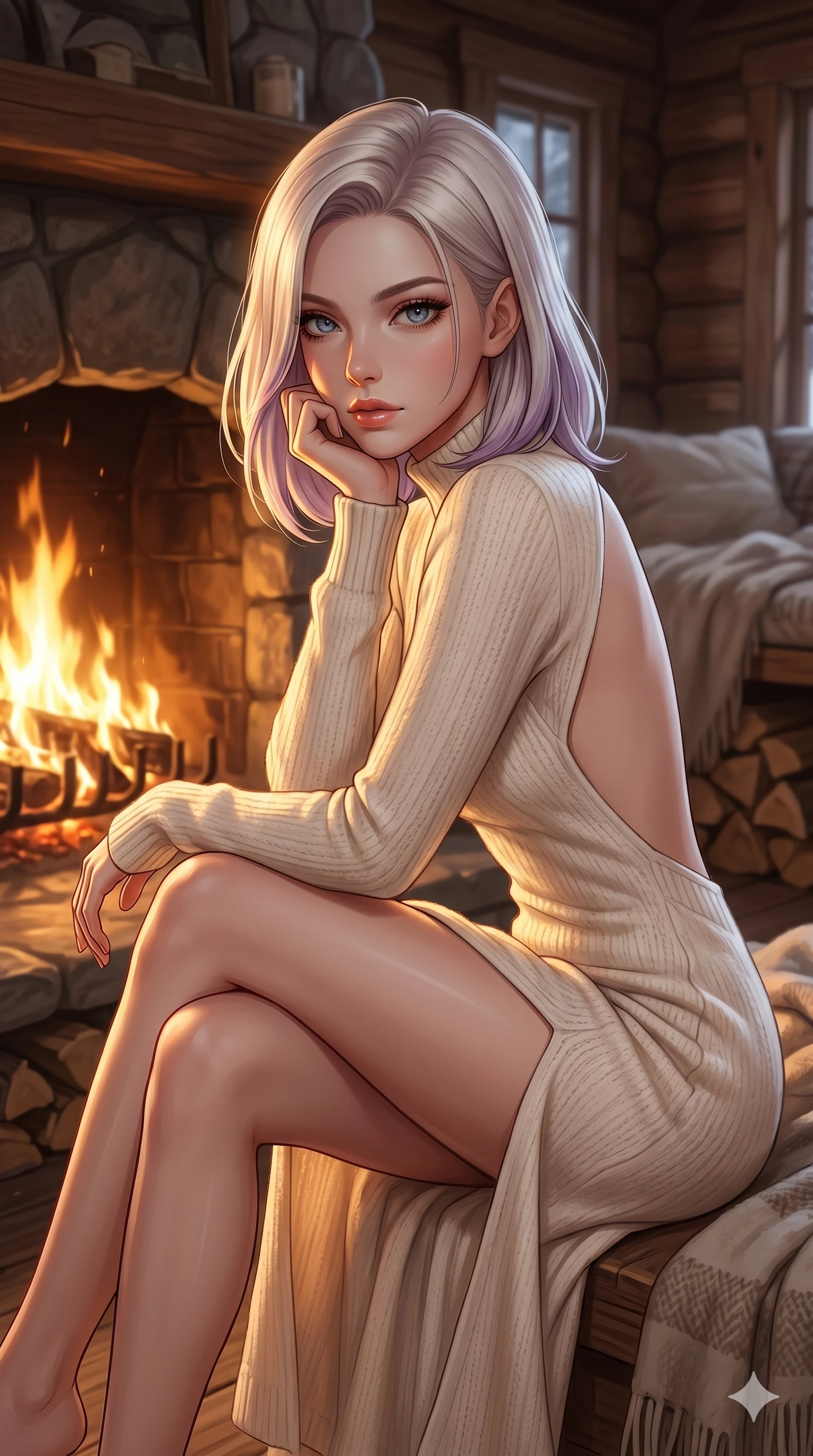 score_9, masterpiece, best quality, ultra-detailed, high-budget anime keyframe, editorial fashion photography, tasteful artistic composition, Caucasian woman, strictly human ears. cowboy shot from the thighs up, character and outfit filling the frame for maximum editorial presence. sitting close to the hearth, resting her chin on her hand, looking directly into the camera inside a cozy winter cabin with a crackling stone fireplace (Code-P16-035). She has an absolutely perfect 8-heads proportion, an exceptionally tall and slender female figure with impossibly long slender legs and an ultra-slim waist. V-shaped jawline, high-bridge nose, intricate jewel-like eyes with depth, thick eyelashes, glossy lips with a natural sheen. wearing a soft cream-colored knit dress with an open-back design and a high leg slit. warm amber firelight casting dancing shadows and a soft golden glow over her features. 2k, ultra detail, master piece, 9:16 ratio