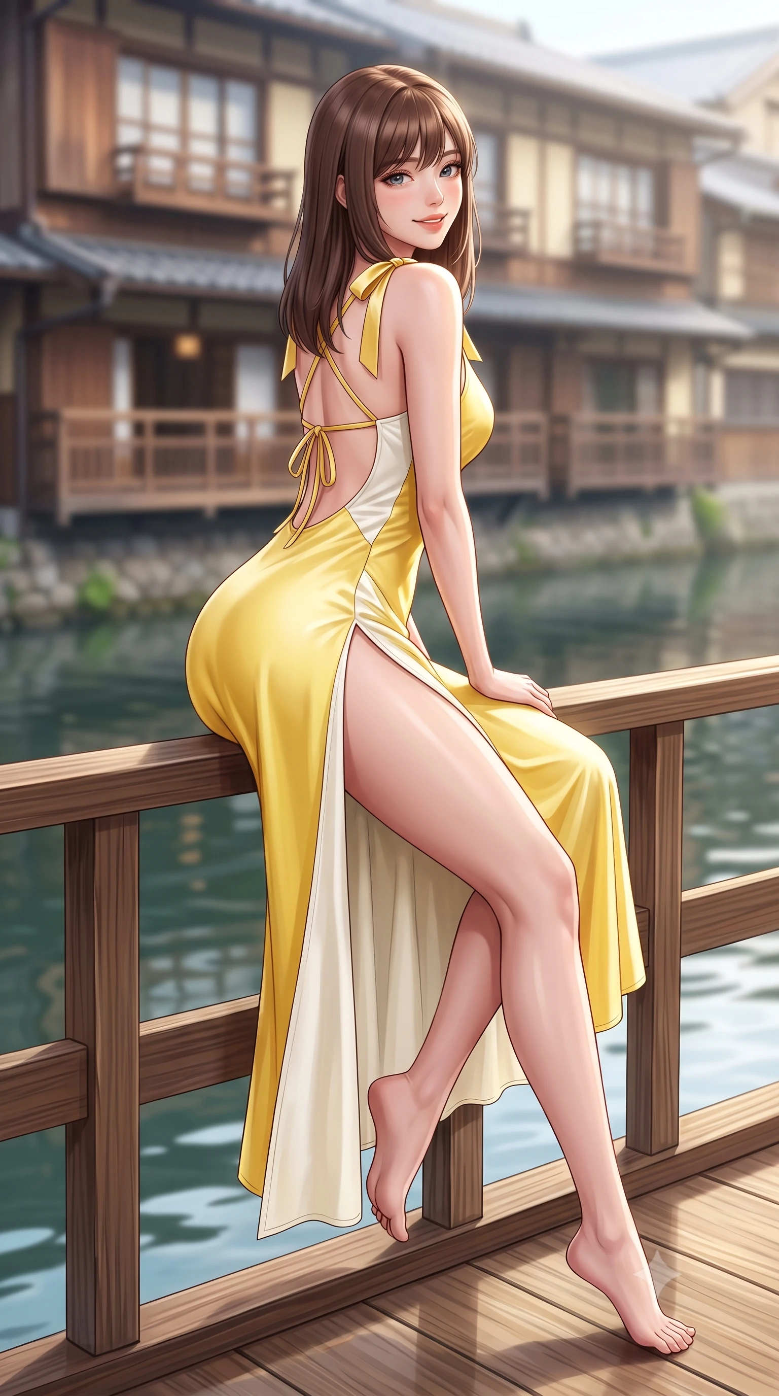 score_9, masterpiece, best quality, ultra-detailed, high-budget anime keyframe, semi-realistic 3D game render, editorial fashion photography, tasteful artistic composition, Korean woman. low angle full-body shot from head to toe showing her feet, filling the entire 9:16 vertical frame with her statuesque presence, stretching her vertical silhouette. sitting perched on the elevated edge with legs crossed and hips angled toward the camera, displaying her toned midriff and long slender limbs with a joyful, coquettish smile while leaning against the cedarwood railing with hips cocked back, looking over a bare shoulder with an enchanting, shy yet alluring smile. The composition keeps background elements in soft focus with dreamy creamy bokeh. historic wooden teahouse facades across the water softened in nostalgic Kyoto shallow focus. She has an exceptionally tall and slender model-like 8.5-heads proportion, an ultra-slim waist, a flat toned midriff, narrow delicate ribcage, and beautifully sculpted feminine hips creating a graceful, slim hourglass silhouette without any bulky heaviness, with impossibly long slender legs. sharp v-shaped jawline, high-bridge nose, intricate jewel-like sparkling eyes with depth, thick eyelashes, glossy parted lips with a natural peach sheen, bright cheerful beaming smile with an enchanting and coquettish sensual glint, exuding both youthful cute charm and seductive allure, flawlessly proportioned anatomical accuracy, strict slender model proportions, natural body alignment, perfectly sculpted long slender limbs, ultra-slim waistline, clean dynamic posture without body distortion. wearing a breezy silk-satin slip dress featuring a thigh-high side slit ascending to the high hip and criss-cross back straps in bright butter yellow and fresh cream white, crafted from soft breathable linen with effortless natural drape, finished with cute satin bow ribbons tying at the shoulders, the precision-cut side openings and low-back scoop framing her graceful spine and the sensual sweep of her slim, toned hips. illuminated by gentle water surface reflections sharply defining her razor-sharp jawline, narrow waist, and curvy hips. highly saturated vibrant anime colors, detailed shading with soft gradients, rich glossy textures, high-contrast stereoscopic depth, volumetric dynamic lighting, master piece, 9:16 ratio